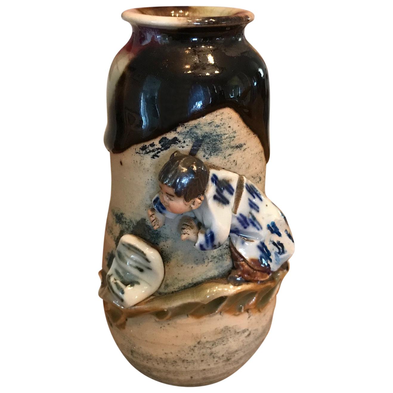 Sumida Gawa Signed Ryosai Japanese Pottery Ceramic Glazed Vase, Early 1900s