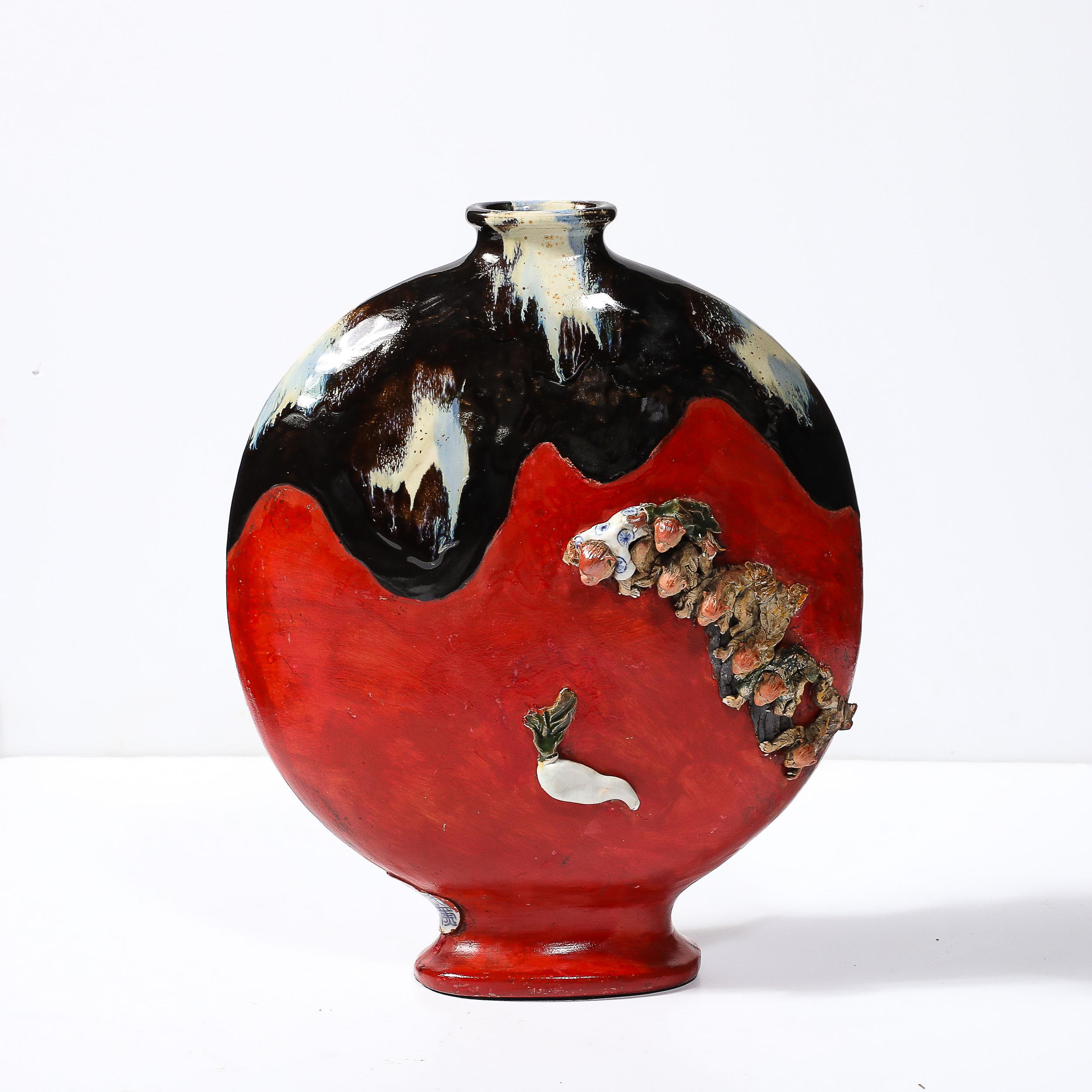 Sumida Gawa Vermillion Red Glazed Pottery Vase W/ Clustered Sculptural Primates For Sale 3