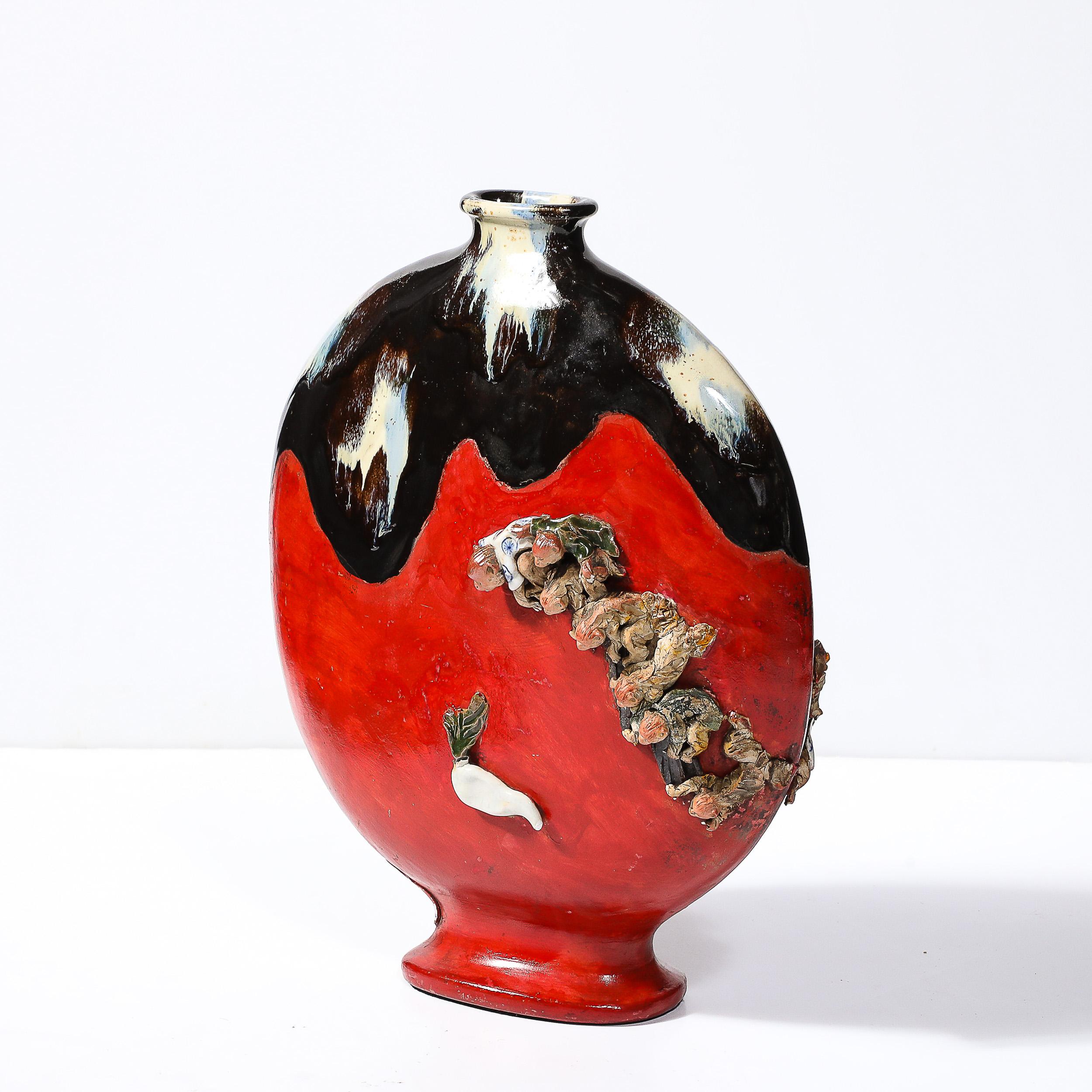 Sumida Gawa Vermillion Red Glazed Pottery Vase W/ Clustered Sculptural Primates For Sale 5