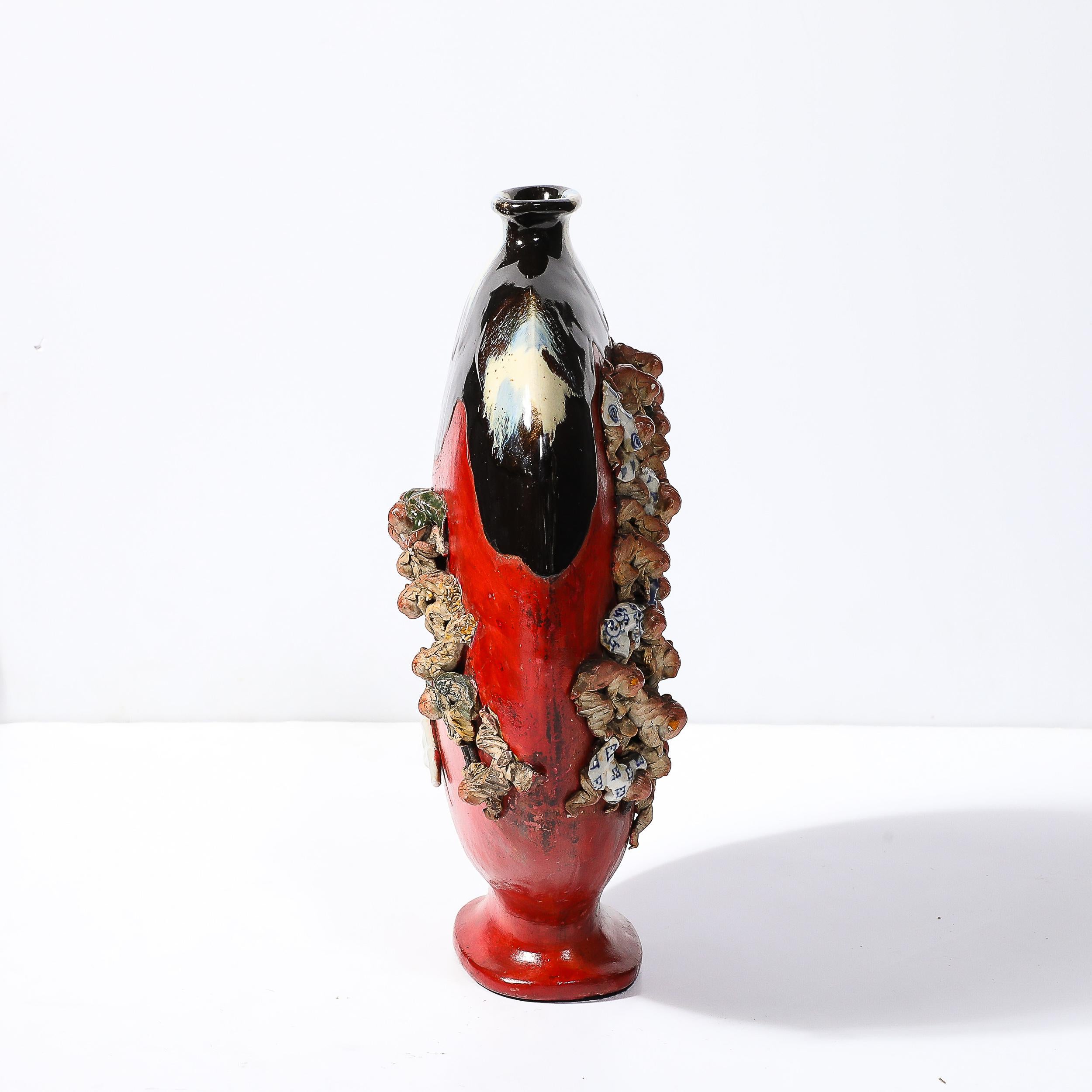 Sumida Gawa Vermillion Red Glazed Pottery Vase W/ Clustered Sculptural Primates For Sale 6