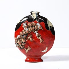 Sumida Gawa Vermillion Red Glazed Pottery Vase W/ Clustered Sculptural Primates
