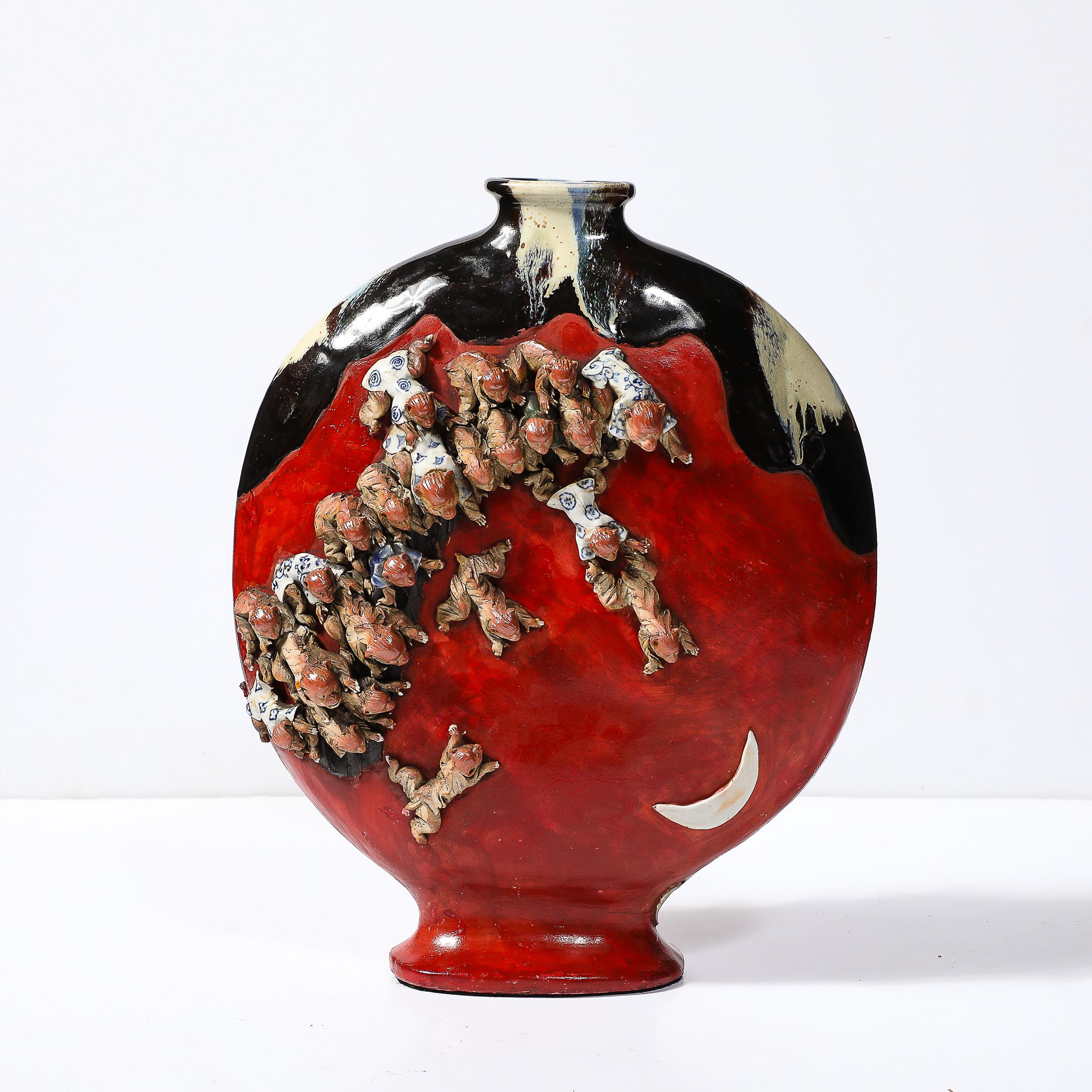 Japanese Sumida Gawa Vermillion Red Glazed Pottery Vase W/ Clustered Sculptural Primates For Sale