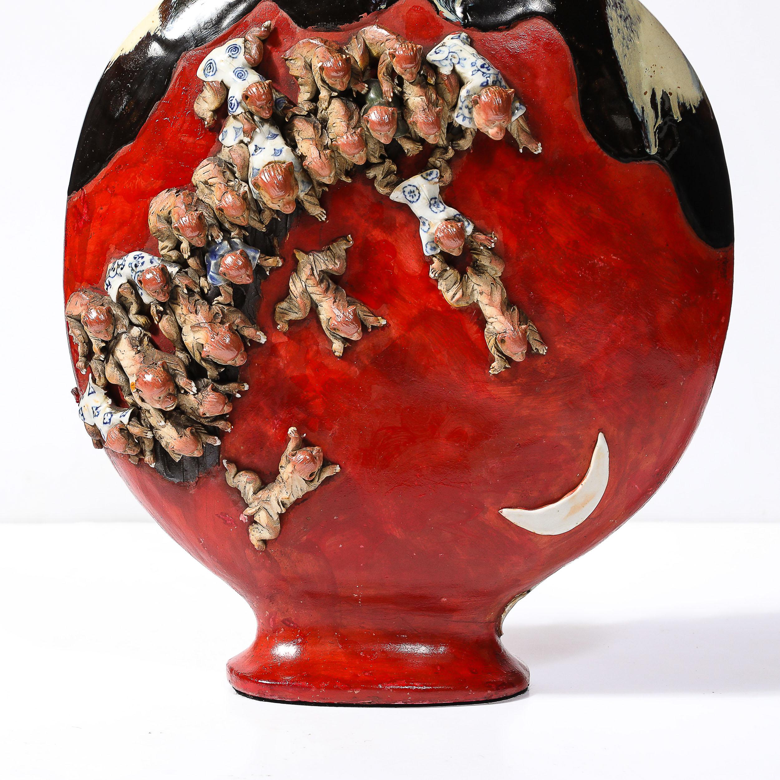 Sumida Gawa Vermillion Red Glazed Pottery Vase W/ Clustered Sculptural Primates In Excellent Condition For Sale In New York, NY