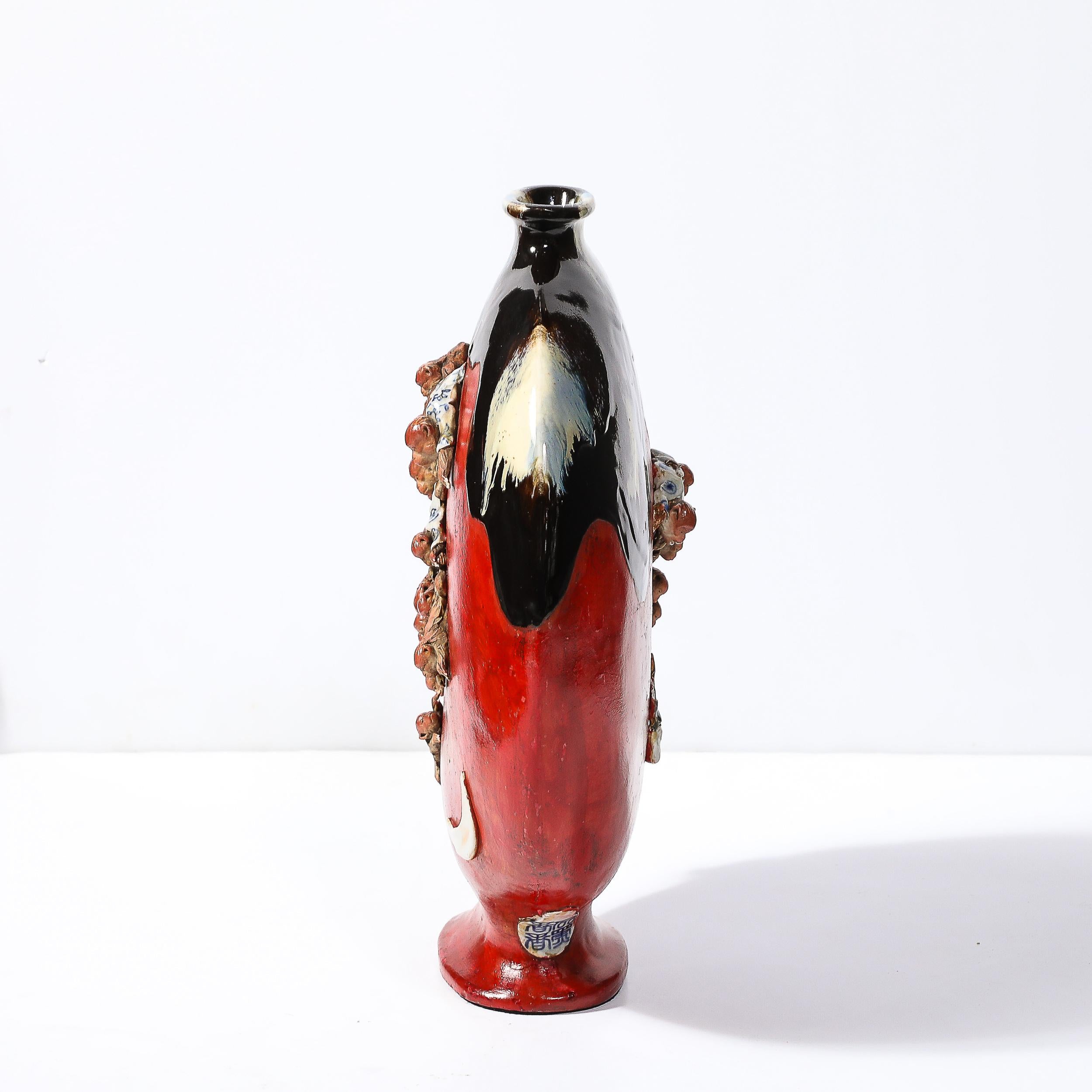 Ceramic Sumida Gawa Vermillion Red Glazed Pottery Vase W/ Clustered Sculptural Primates For Sale