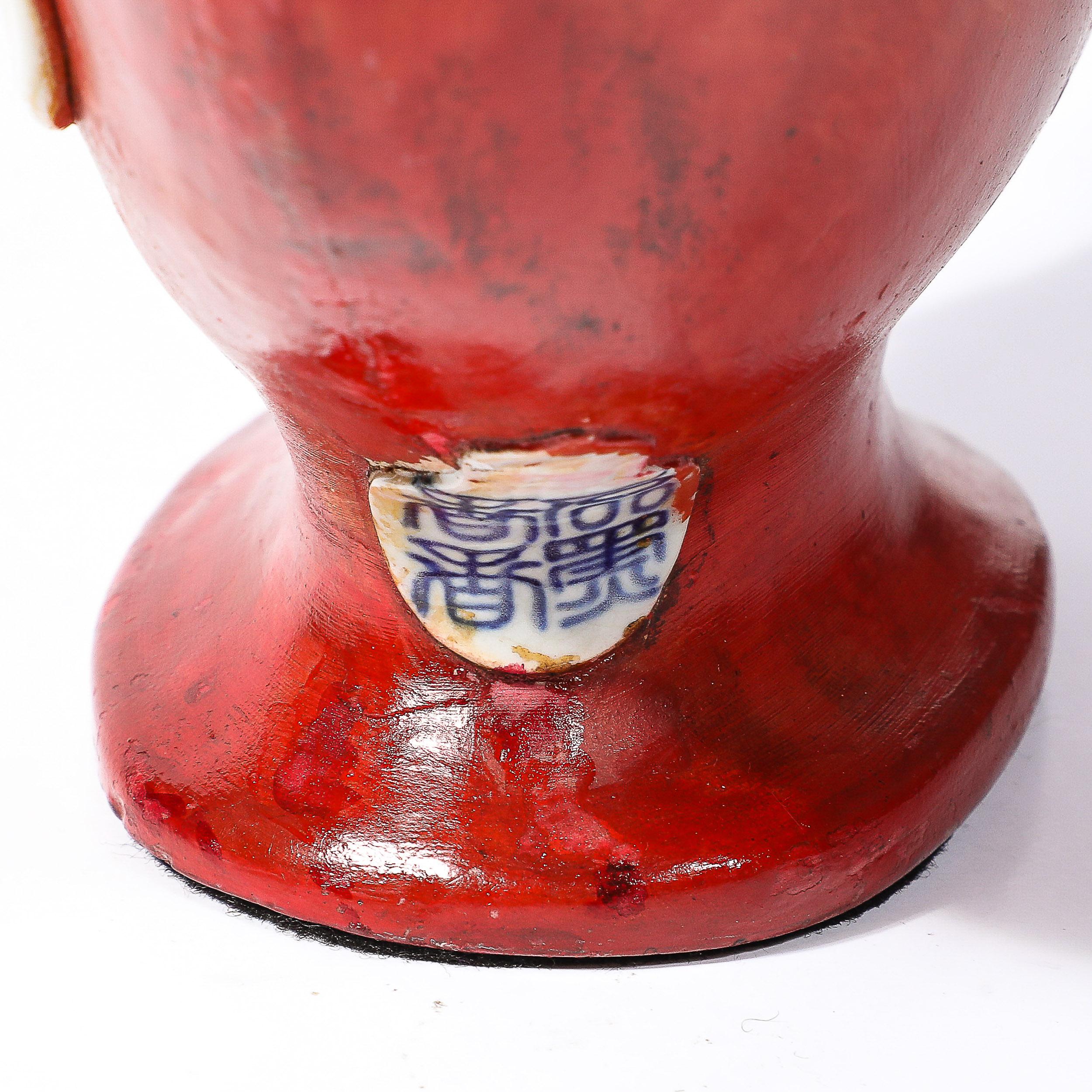 Sumida Gawa Vermillion Red Glazed Pottery Vase W/ Clustered Sculptural Primates For Sale 1