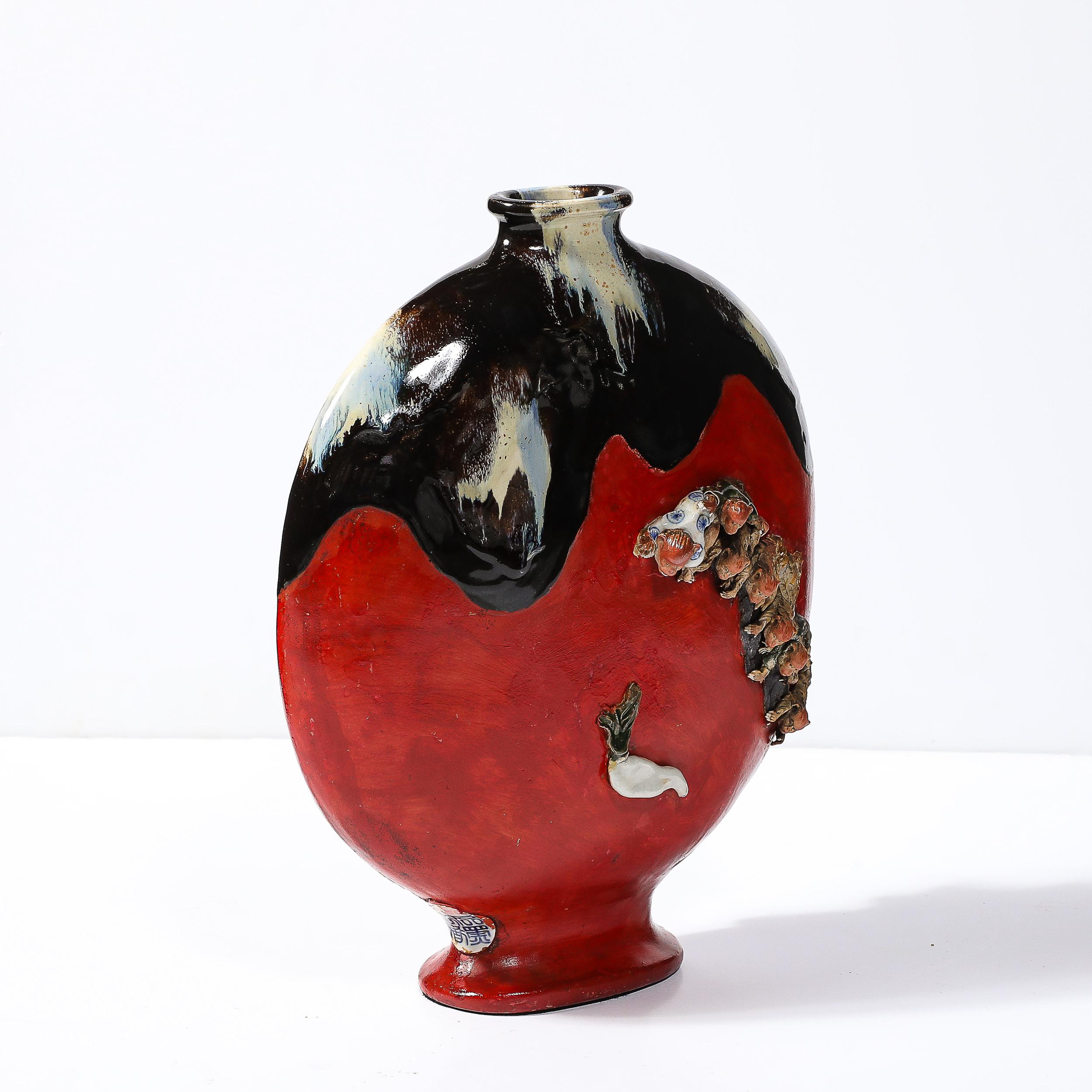 Sumida Gawa Vermillion Red Glazed Pottery Vase W/ Clustered Sculptural Primates For Sale 2
