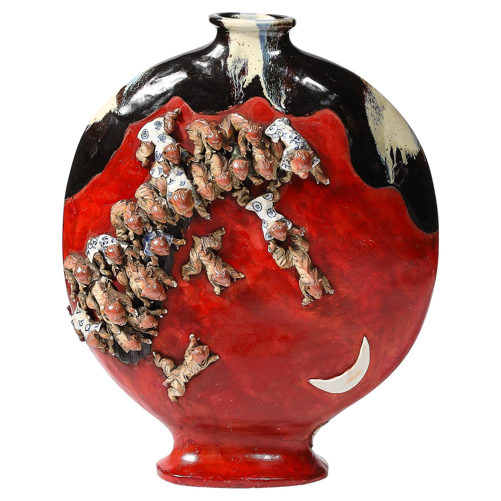 Sumida Gawa Vermillion Red Glazed Pottery Vase W/ Clustered Sculptural Primates