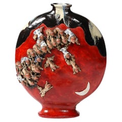 Sumida Gawa Vermillion Red Glazed Pottery Vase W/ Clustered Sculptural Primates