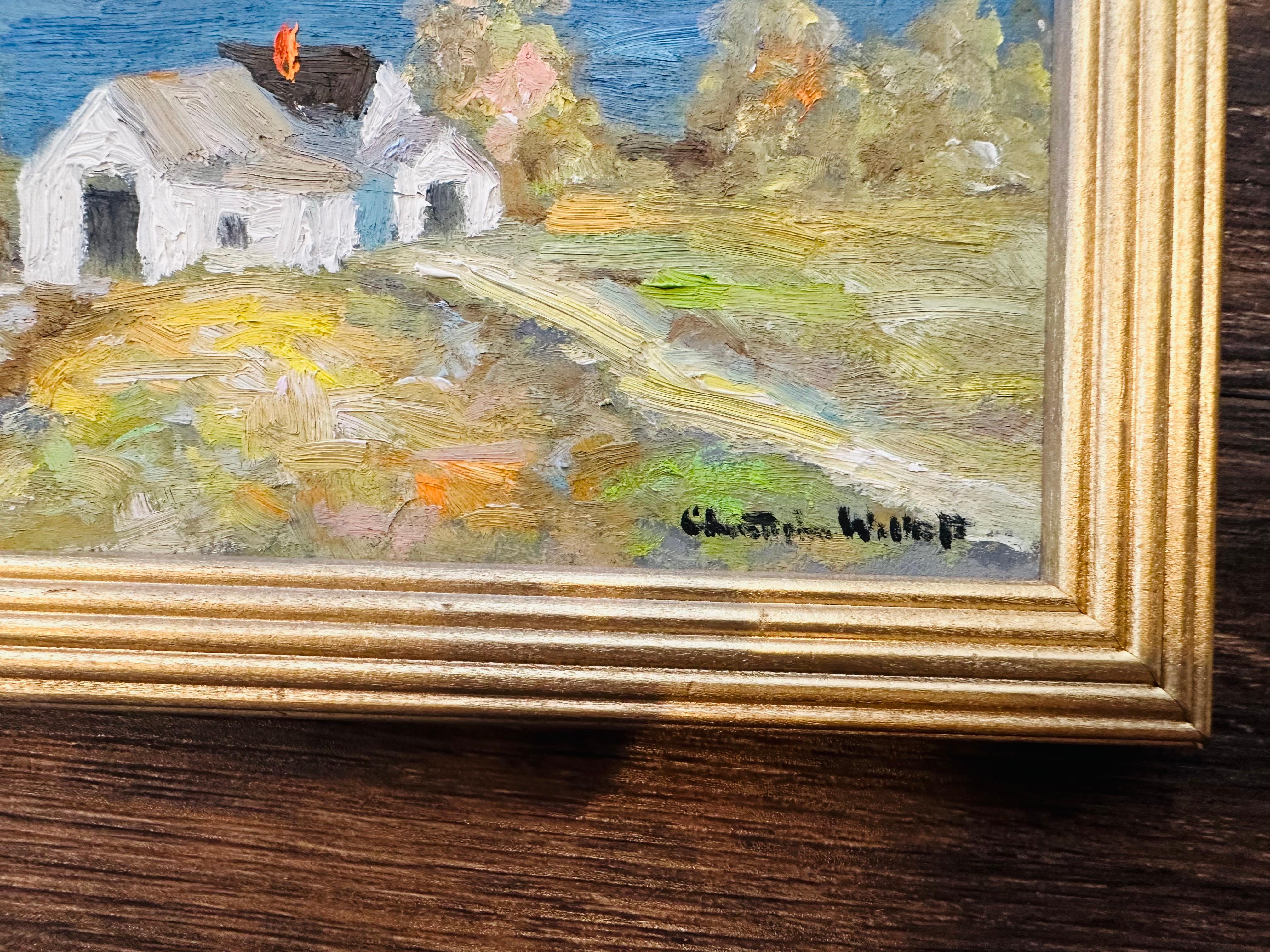 Peinture à l'huile impressionniste d'un oiseau sur une maison de colline d'après-midi Provincetown MA en vente 3