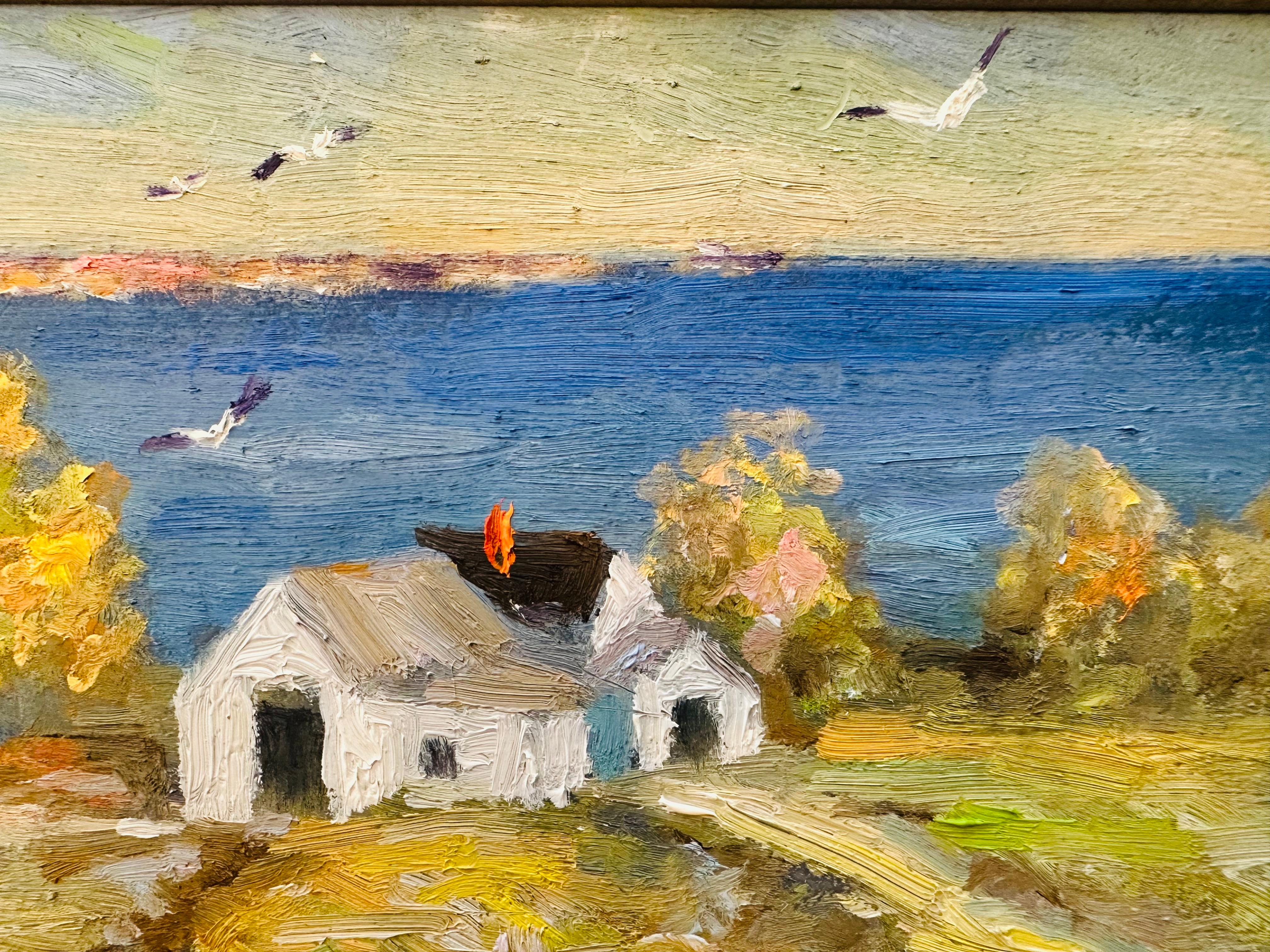 Peinture à l'huile impressionniste d'un oiseau sur une maison de colline d'après-midi Provincetown MA en vente 4
