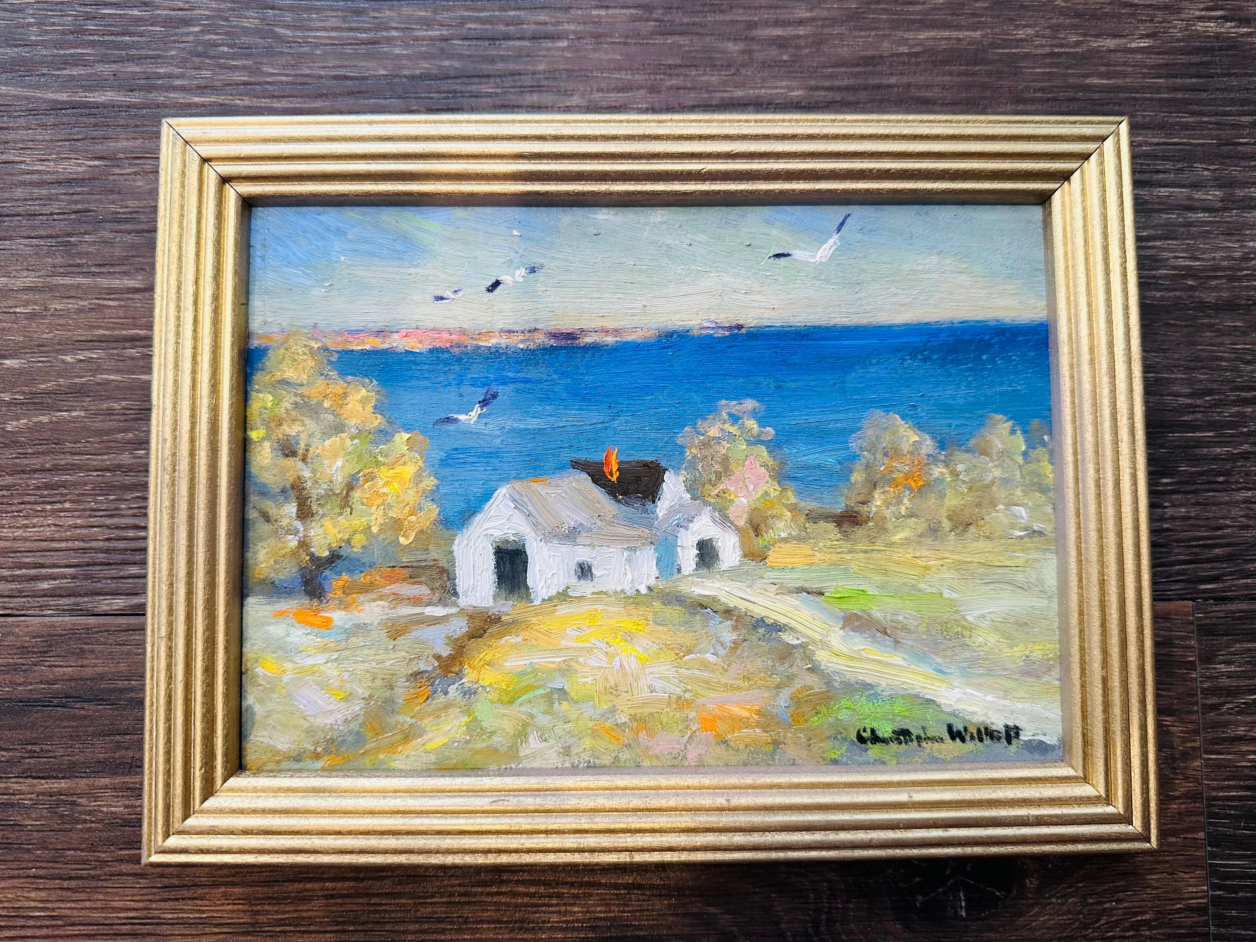 Classique américain Peinture à l'huile impressionniste d'un oiseau sur une maison de colline d'après-midi Provincetown MA en vente