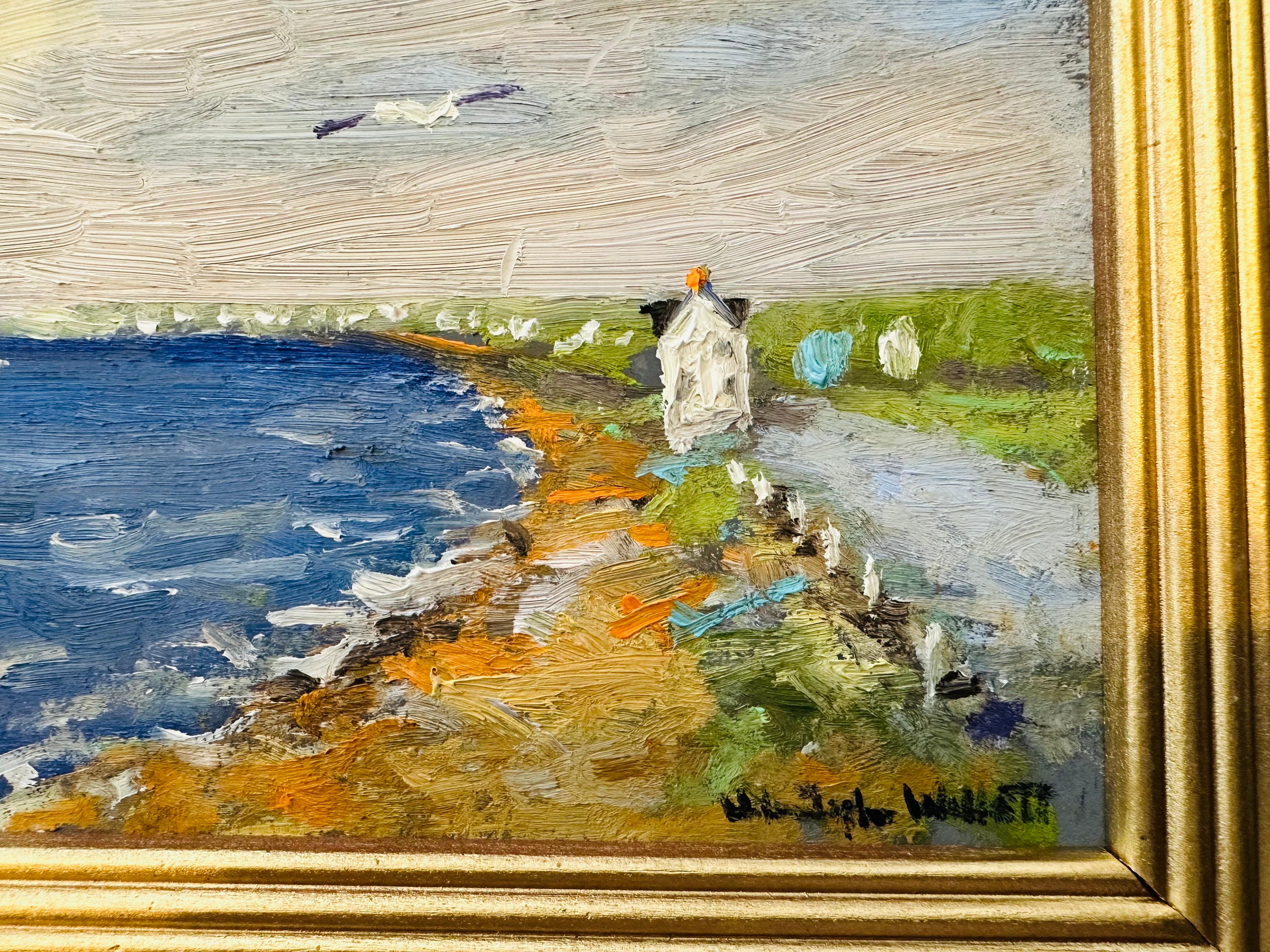 20ième siècle Peinture à l'huile impressionniste d'un oiseau sur une maison de colline d'après-midi Provincetown MA en vente