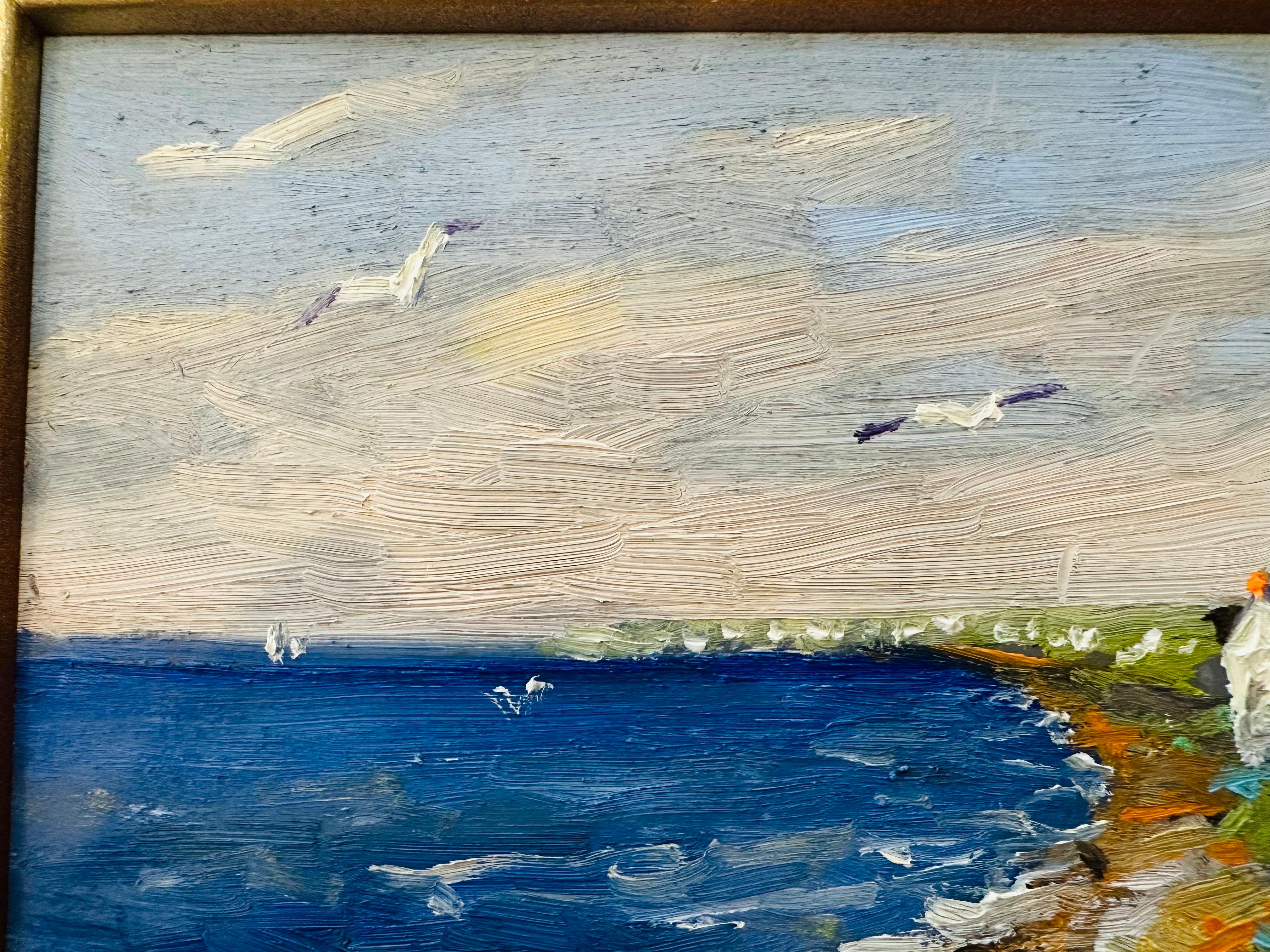 Toile Peinture à l'huile impressionniste d'un oiseau sur une maison de colline d'après-midi Provincetown MA en vente