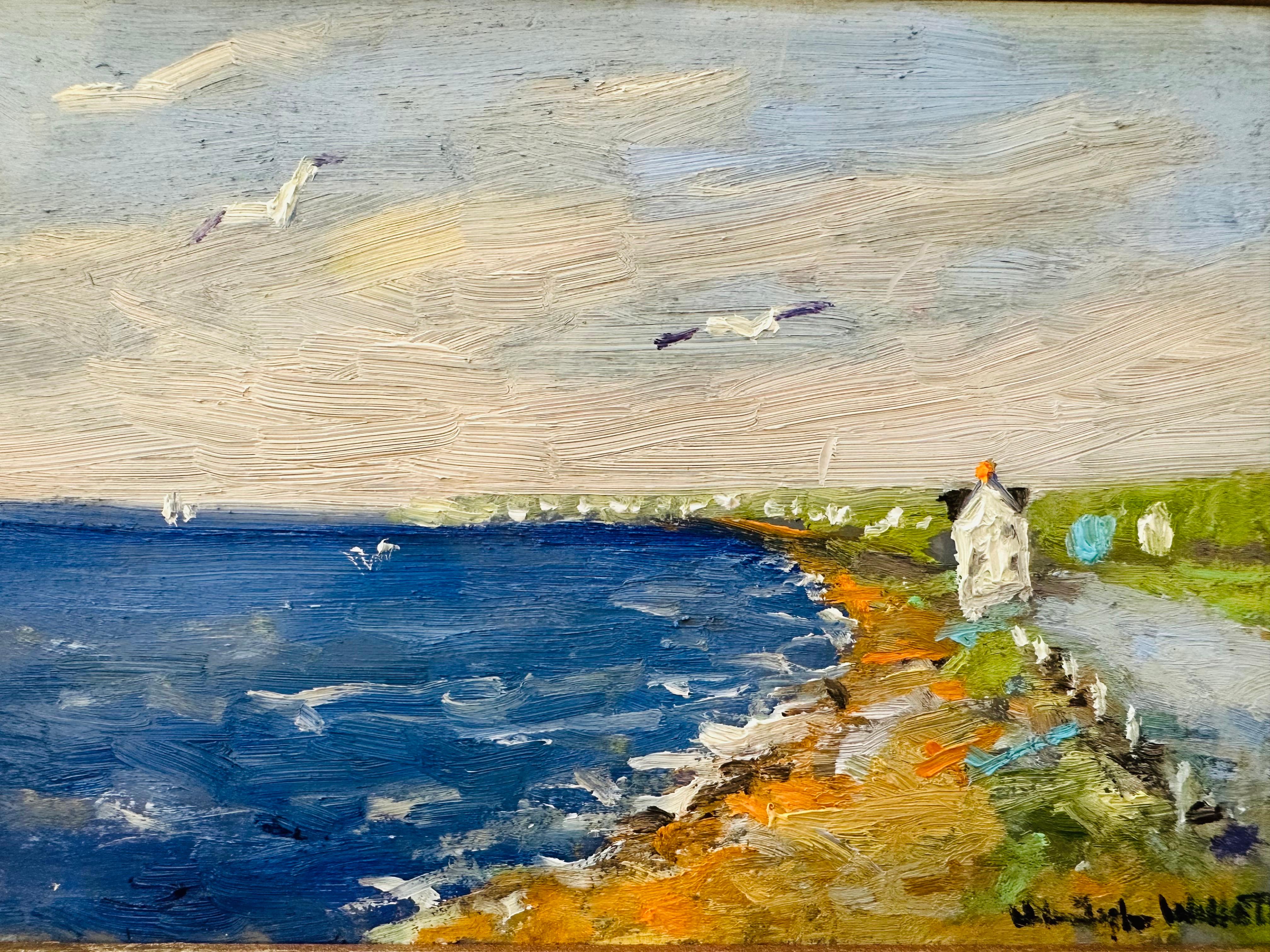 Peinture à l'huile impressionniste d'un oiseau sur une maison de colline d'après-midi Provincetown MA en vente 1