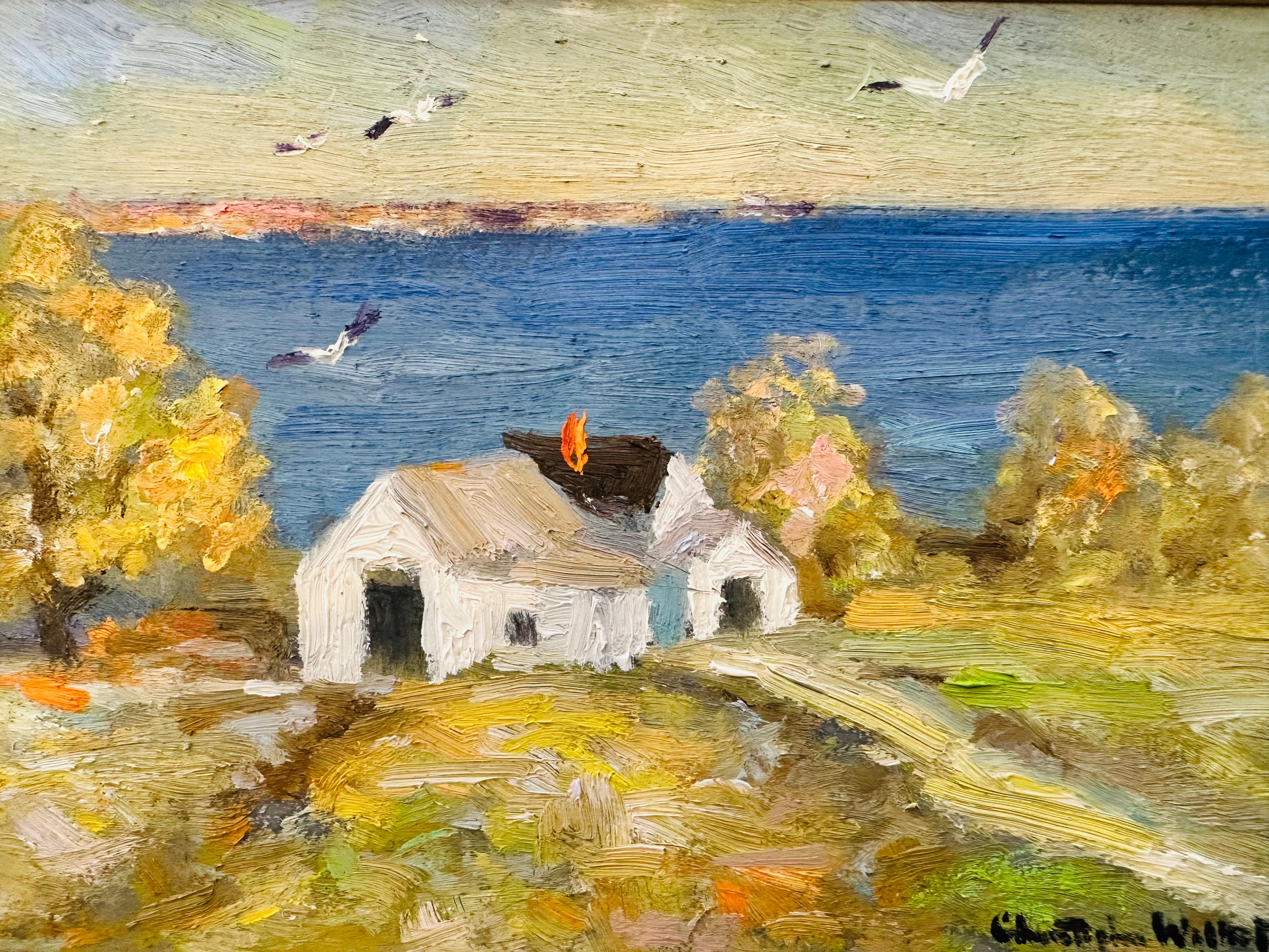 Peinture à l'huile impressionniste d'un oiseau sur une maison de colline d'après-midi Provincetown MA en vente 2