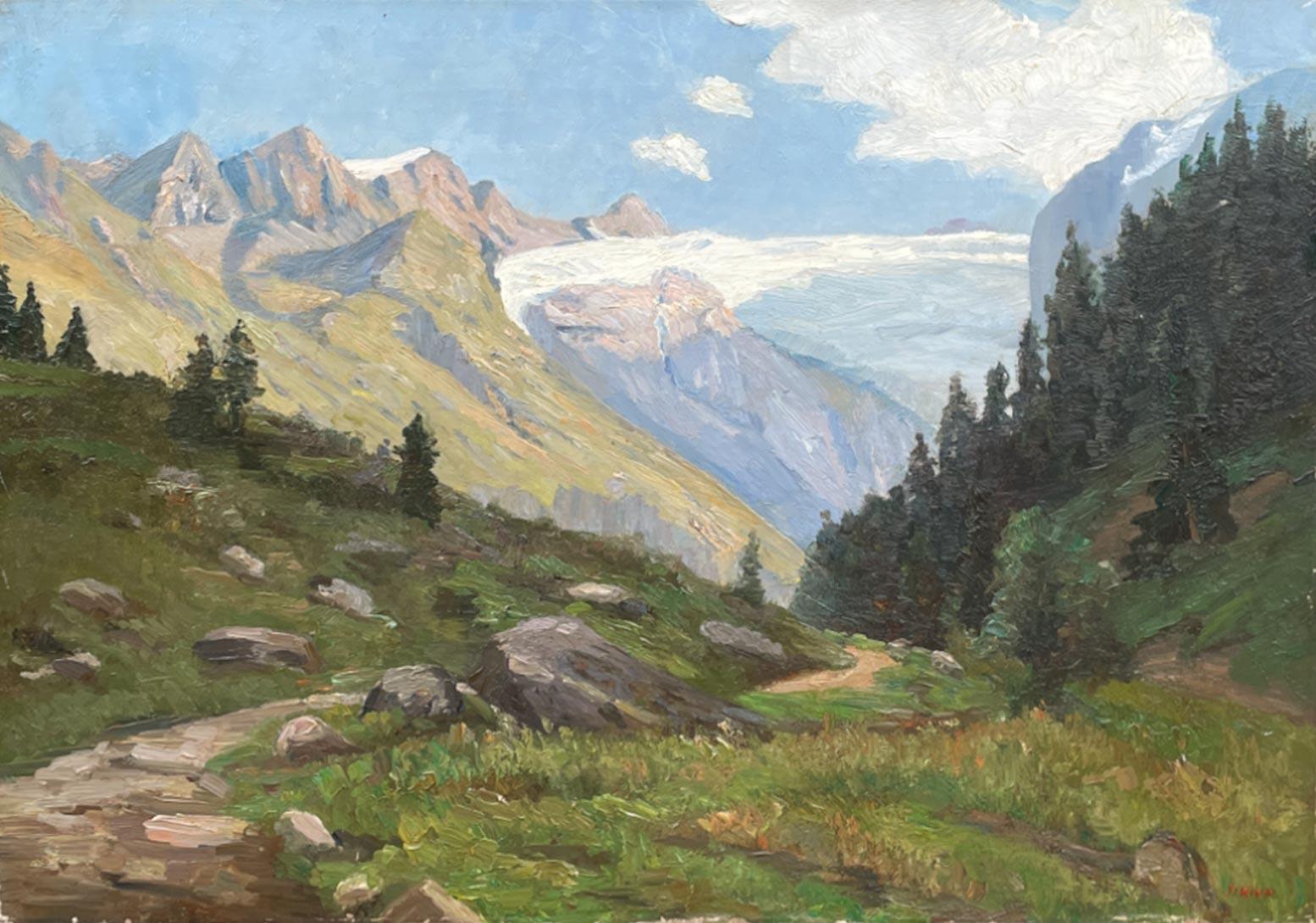 Summer Alpine Landscape

Work size: 48 x 67 cm
Measurements with frame: 52 x 71 cm
Technique: oil on canvas
Period: circa 1950

A mountain path, gently descending, winds towards the valley floor.
On its sides you can see some boulders and the fir