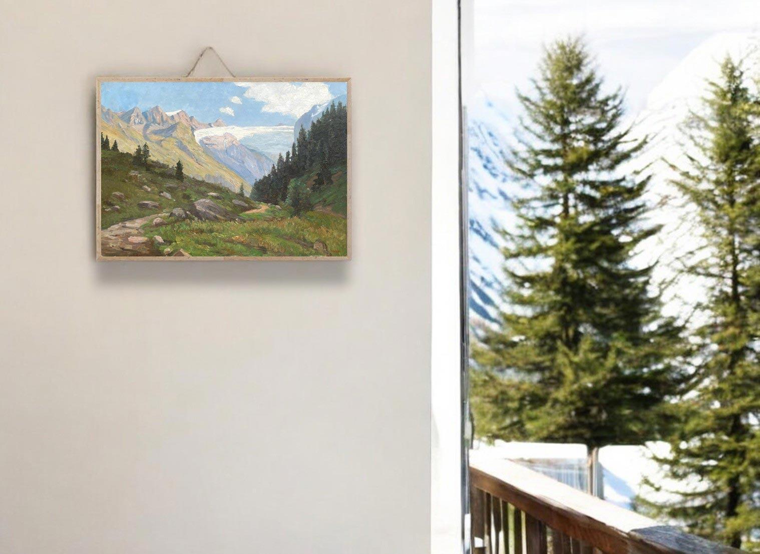 Oiled Summer Alpine Landscape Oil on Canvas 1950 For Sale
