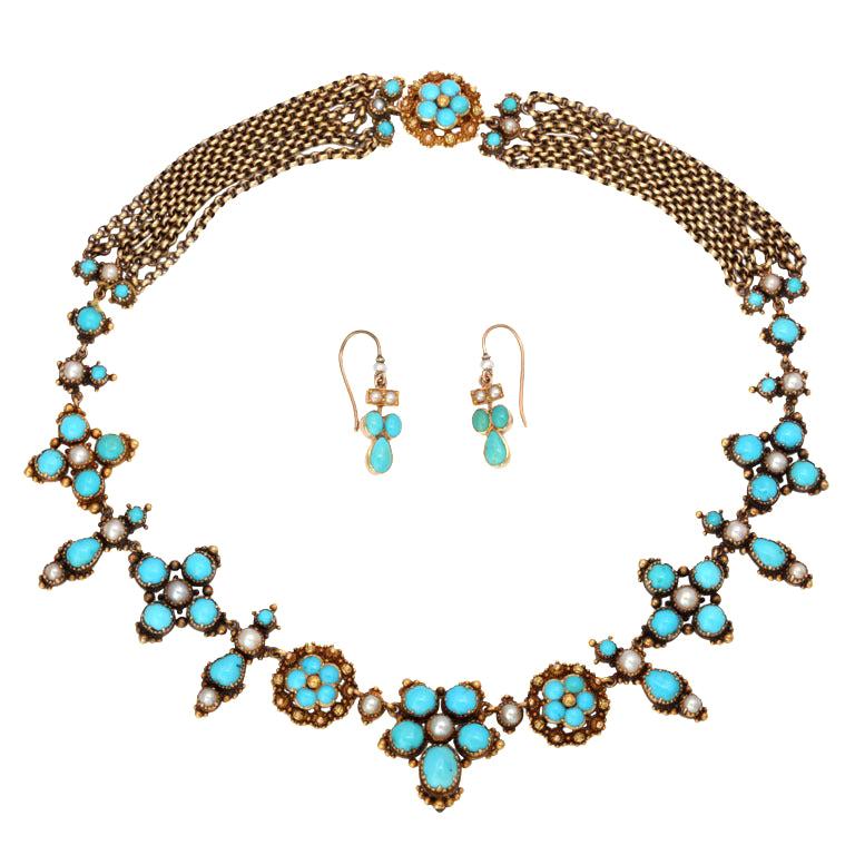 Summer Blues Victorian Turquoise and Pearl Necklace