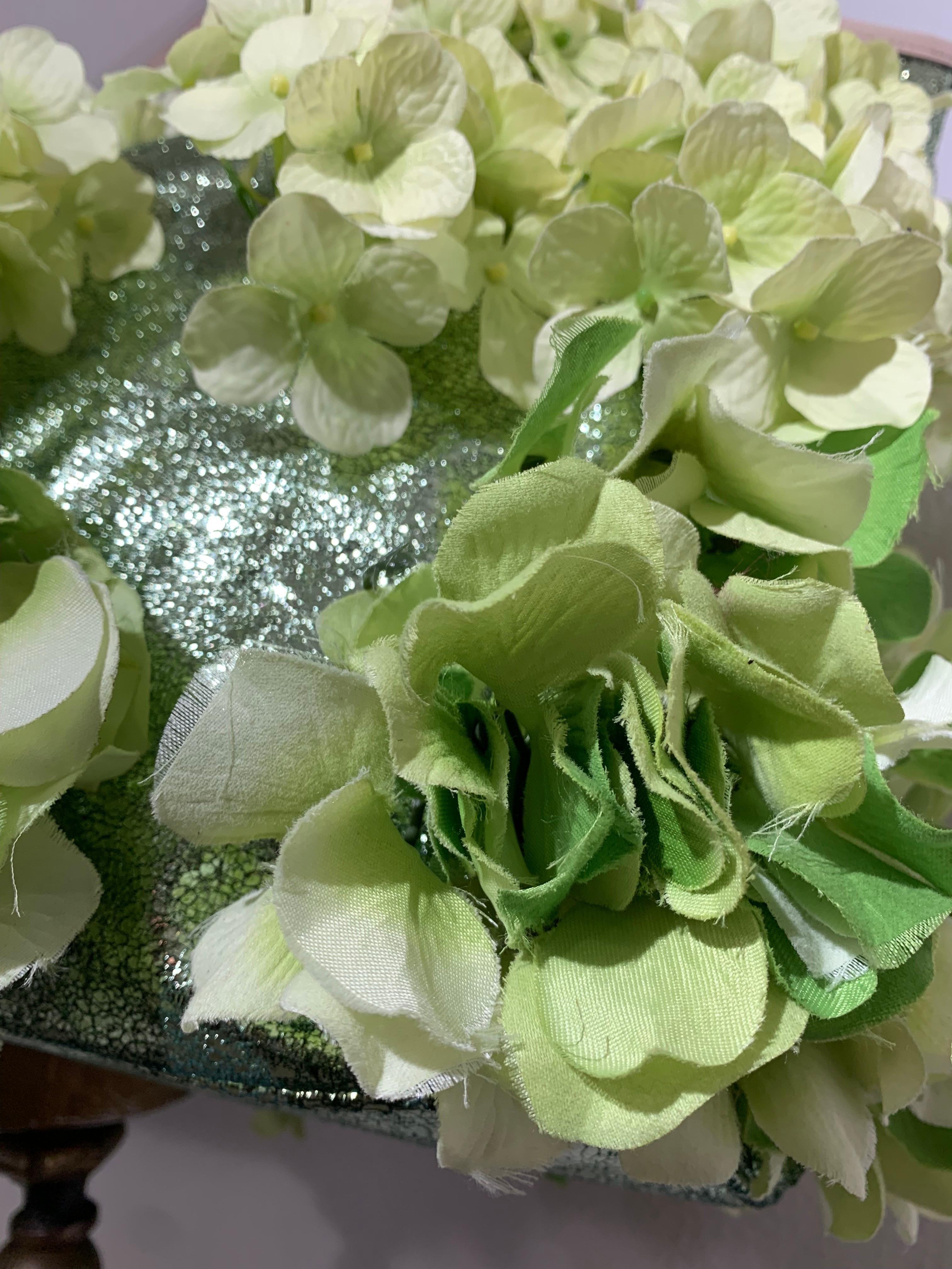 Summer Chartreuse Metallic Leather Tote Bag Covered in Silk Hydrangea Flowers 5