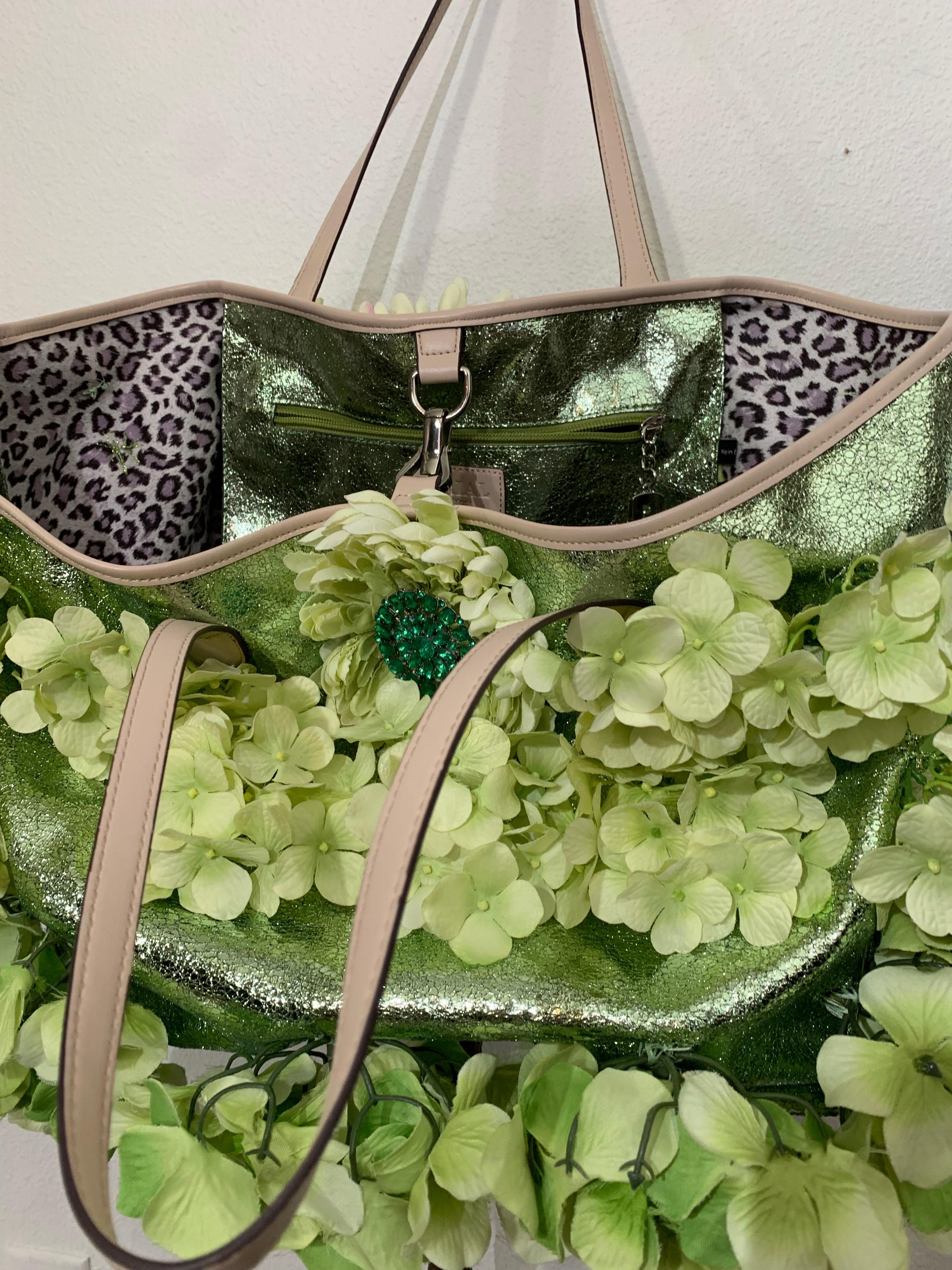 Summer Chartreuse Metallic Leather Tote Bag Covered in Silk Hydrangea Flowers 6