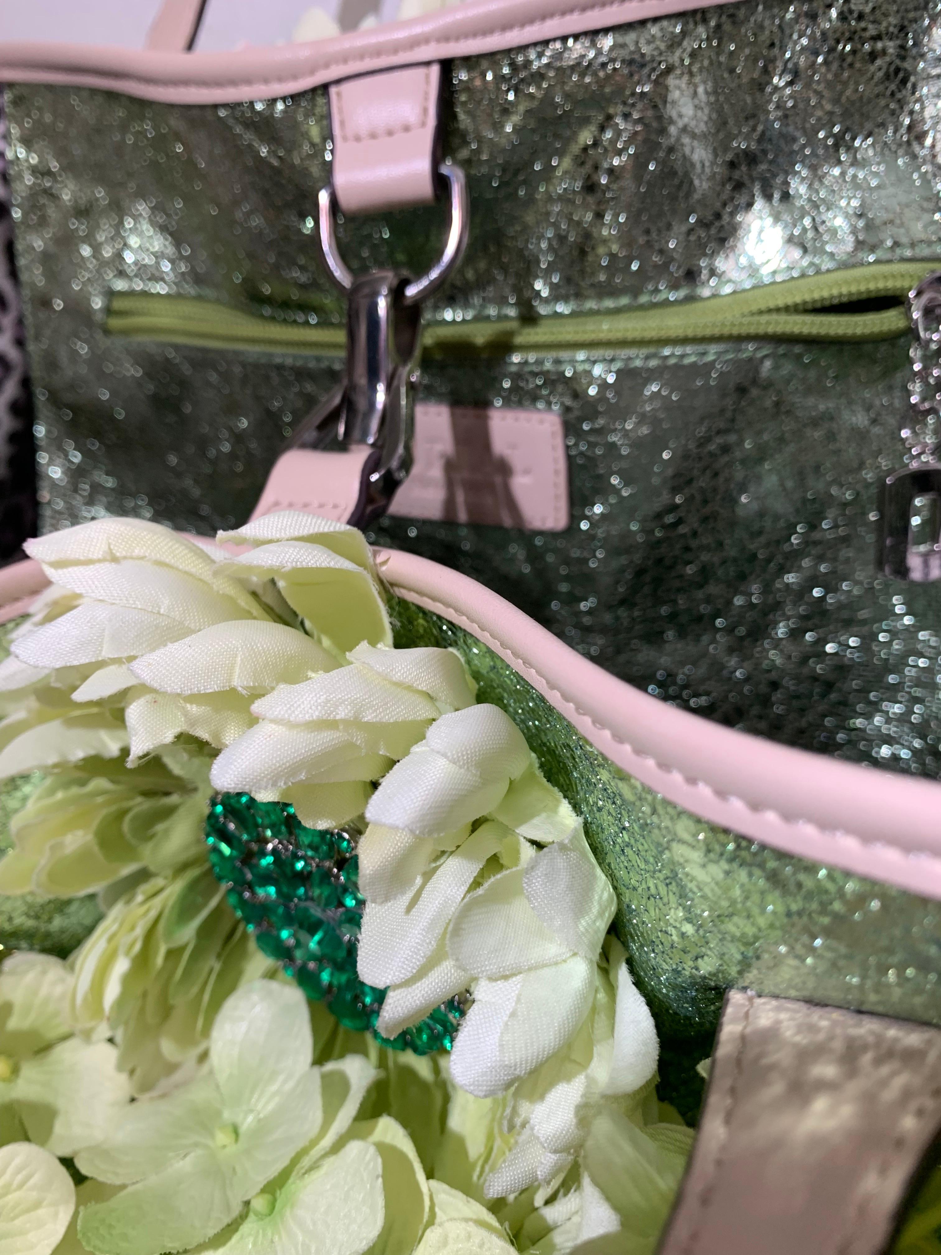 Summer Chartreuse Metallic Leather Tote Bag Covered in Silk Hydrangea Flowers 7