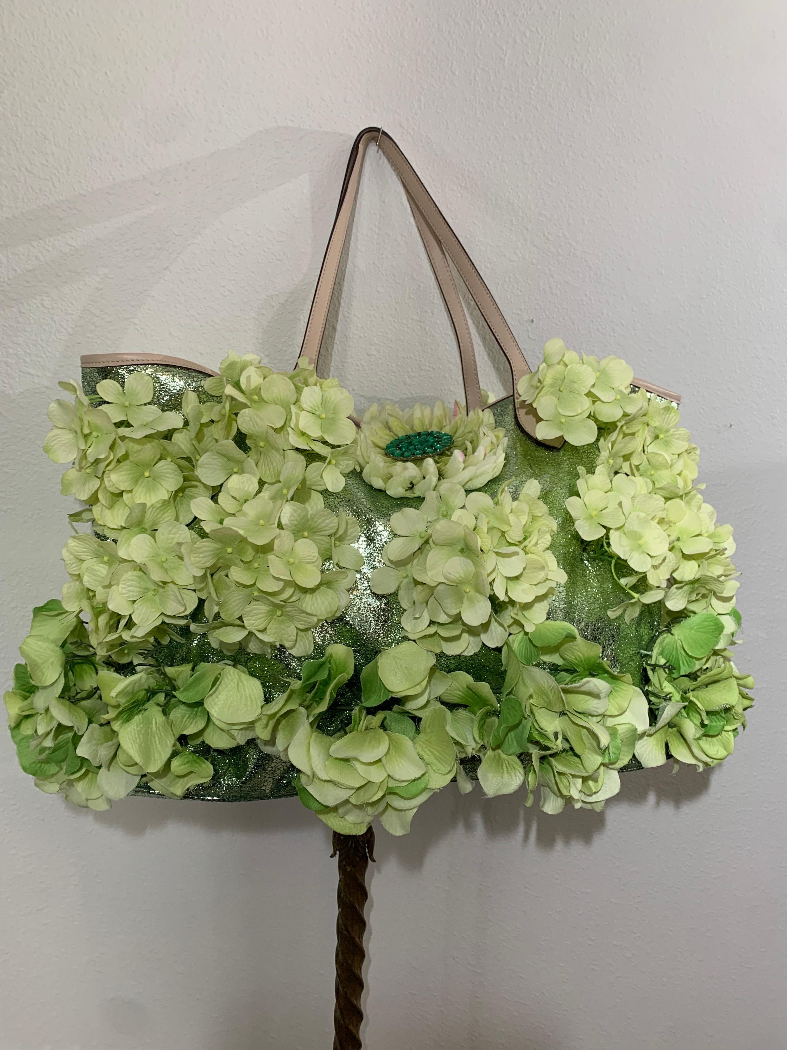 Summer Large Chartreuse Metallic Leather Tote Bag Covered in Silk Hydrangea Flowers: A fresh summer metallic leather tote bag covered in cool silk hydrangea flowers!  Leather strap handles and leopard print cotton lining with side zip inner pocket.