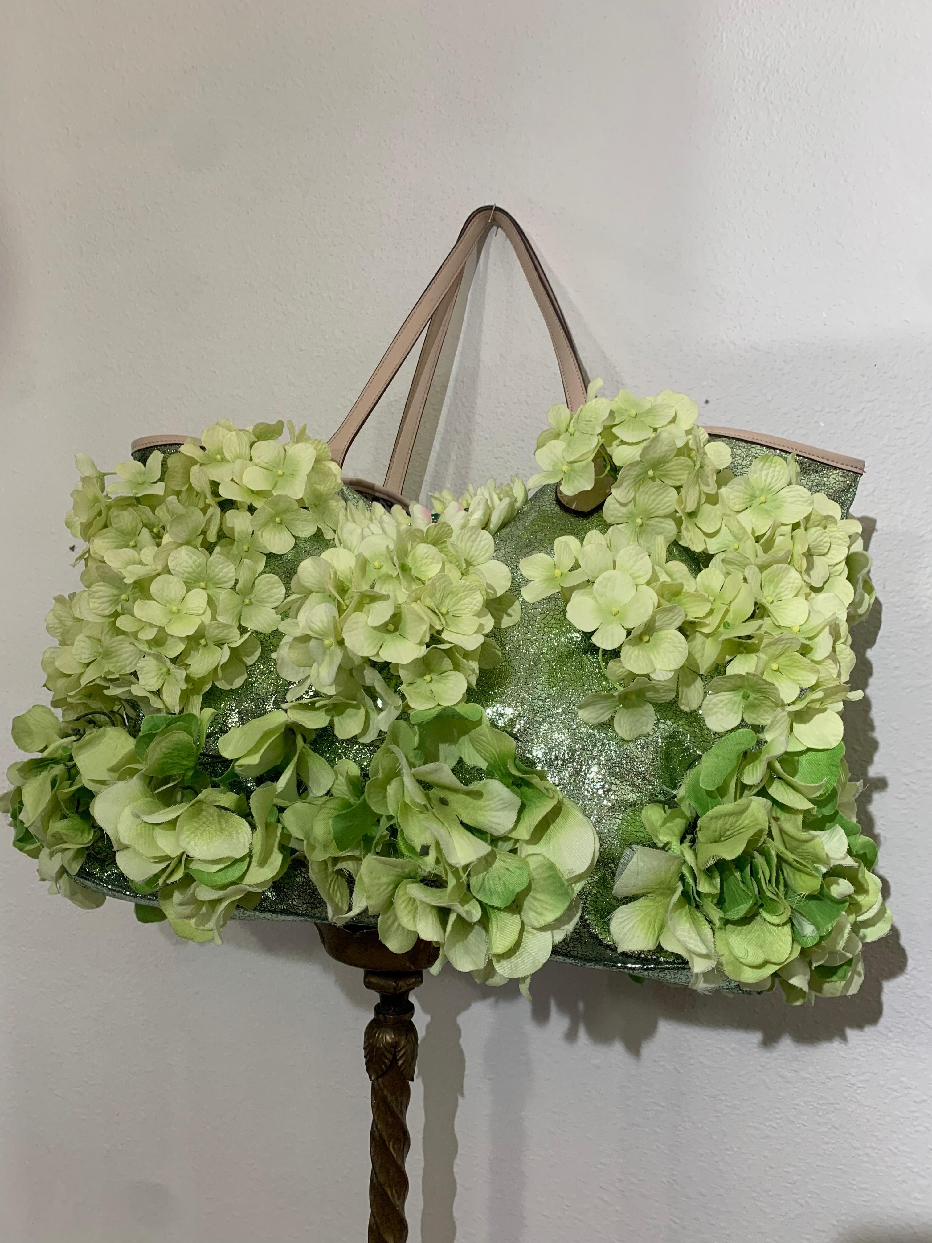 Brown Summer Chartreuse Metallic Leather Tote Bag Covered in Silk Hydrangea Flowers