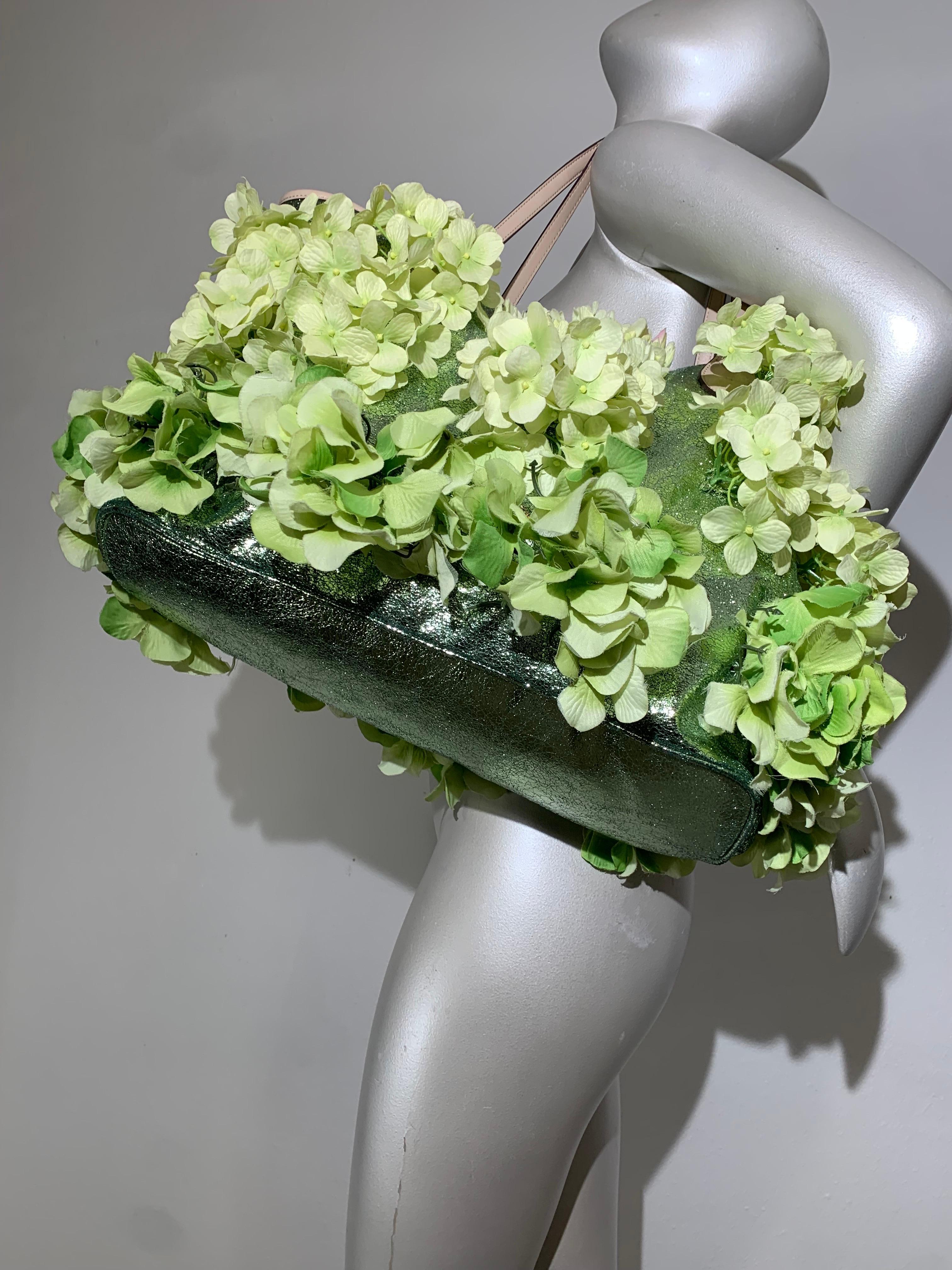 Summer Chartreuse Metallic Leather Tote Bag Covered in Silk Hydrangea Flowers In Excellent Condition In Gresham, OR