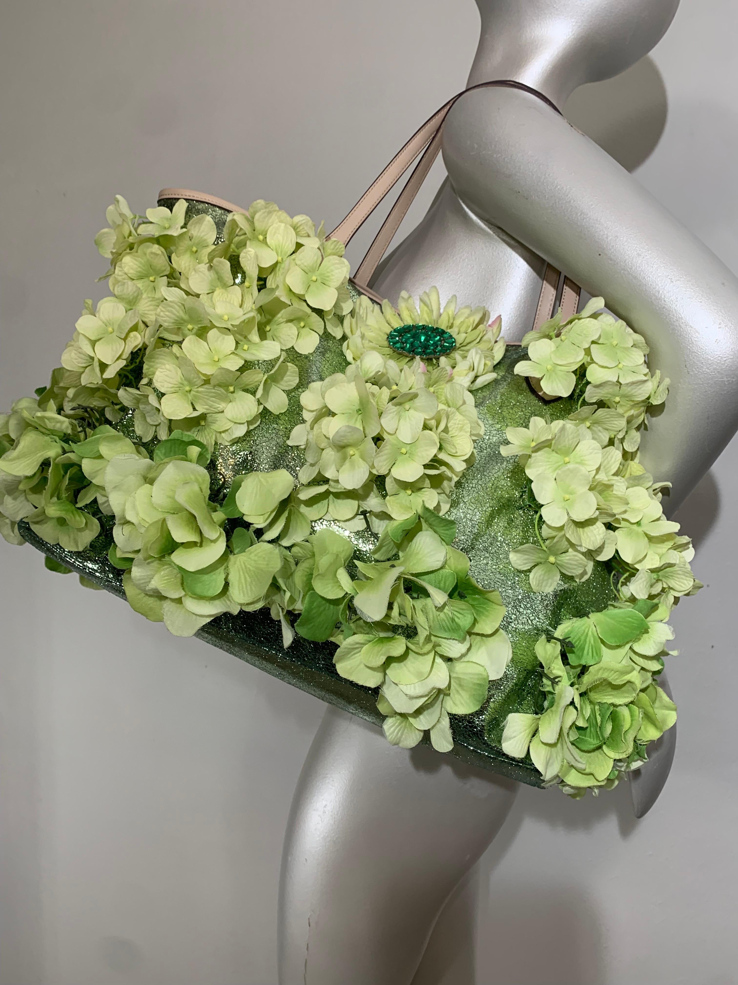 Women's Summer Chartreuse Metallic Leather Tote Bag Covered in Silk Hydrangea Flowers