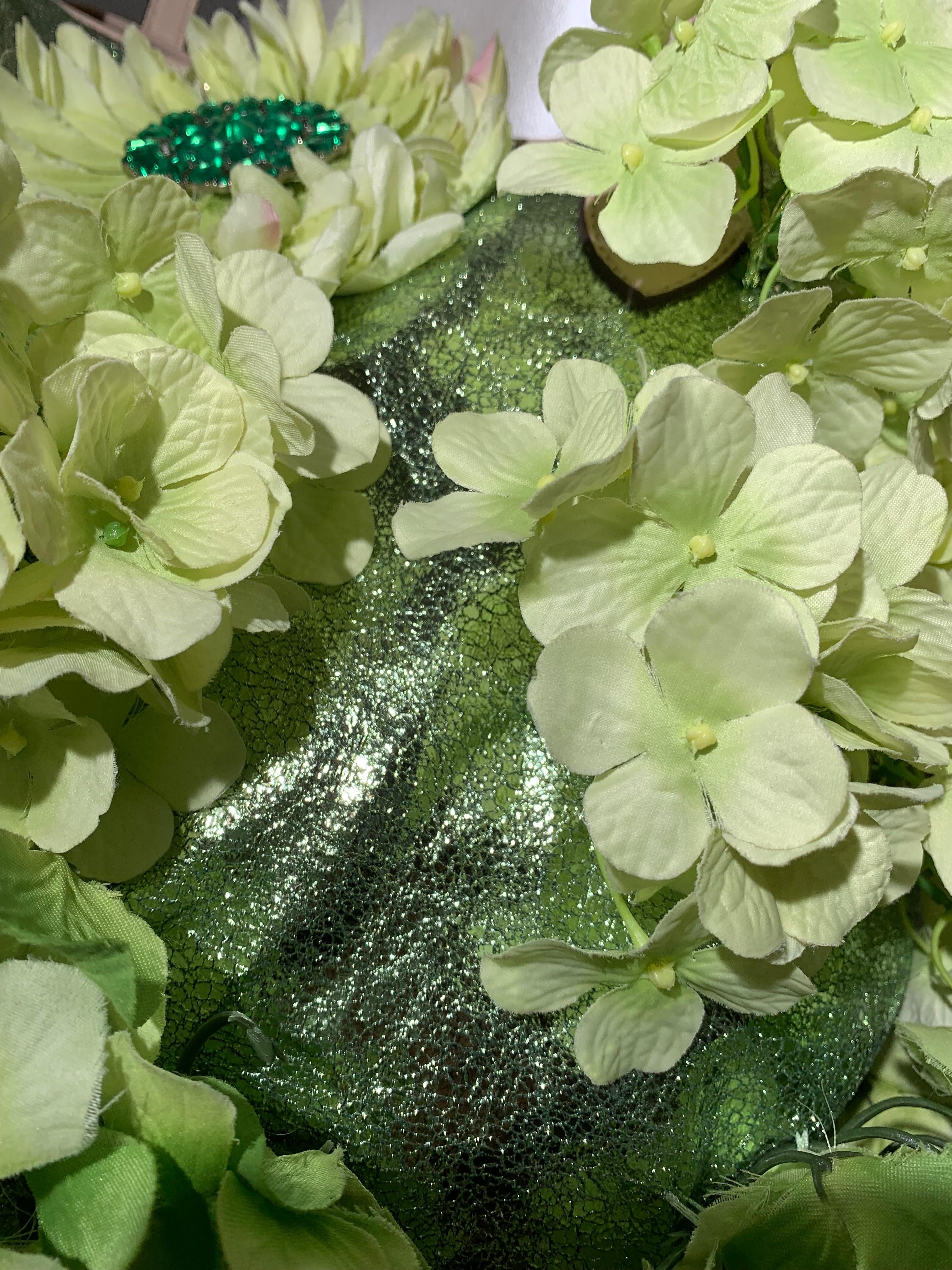 Summer Chartreuse Metallic Leather Tote Bag Covered in Silk Hydrangea Flowers 2