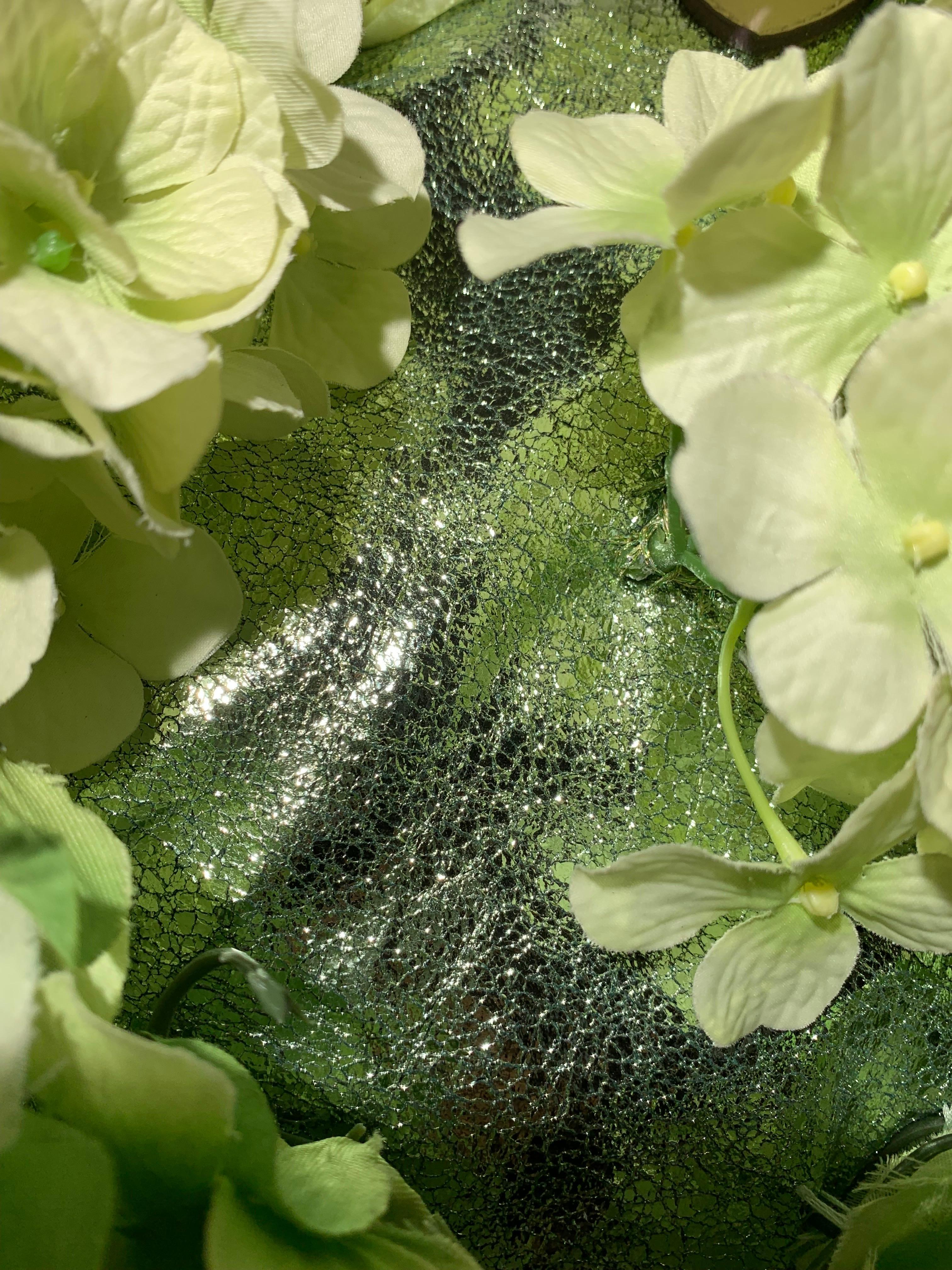 Summer Chartreuse Metallic Leather Tote Bag Covered in Silk Hydrangea Flowers 3