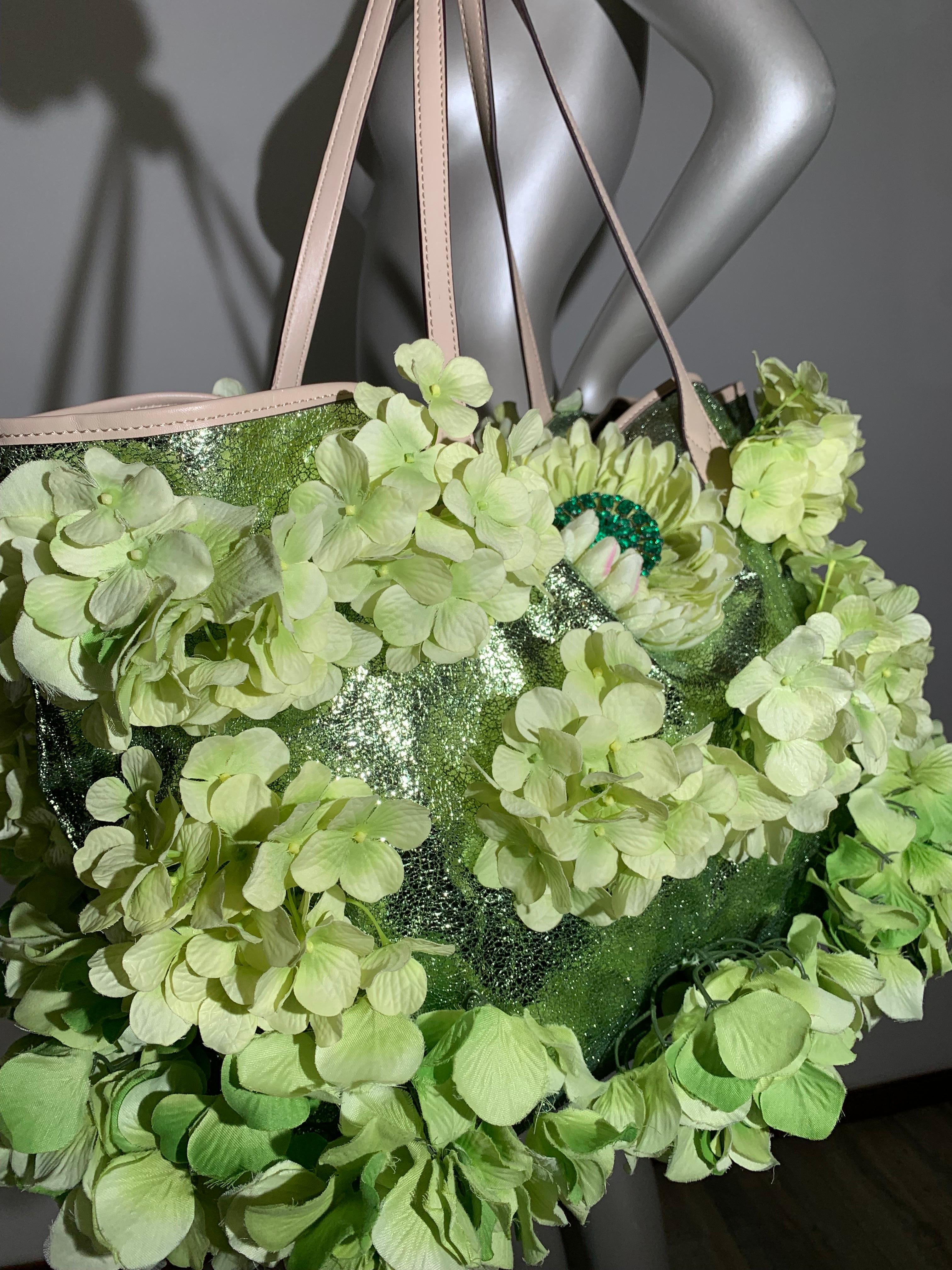 Summer Chartreuse Metallic Leather Tote Bag Covered in Silk Hydrangea Flowers 4