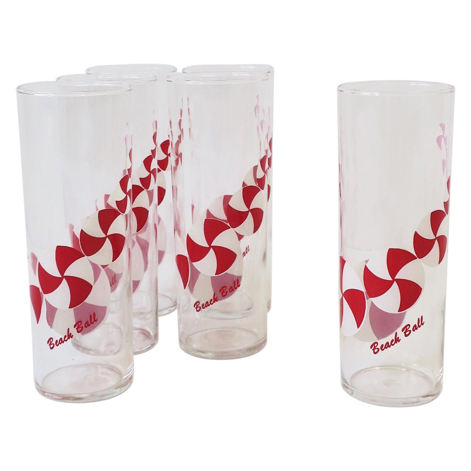 Verres à cocktail hauts d'été avec motif boule de plage en rouge et blanc, années 1930 en vente