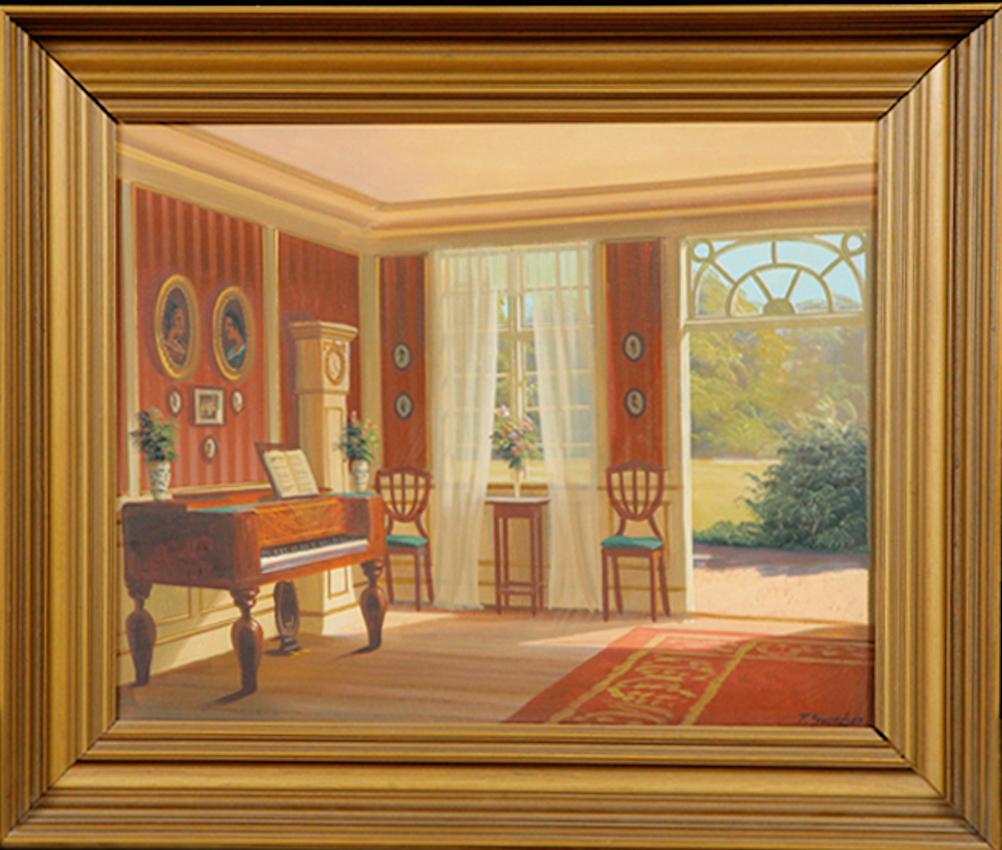 A very lovely painting of a Scandinavian manor house interior on a bright summer's day with a period room showing furniture and accessories from the late 1700's to the early 1800s by Danish-born artist, Frederik Wilhelm Svendsen (1885–1975). Oil on