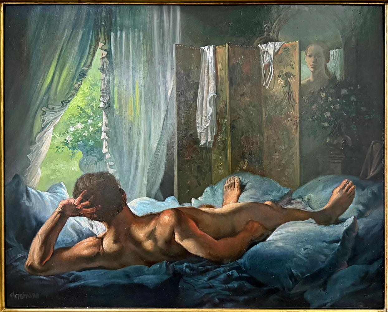 Este cuadro malhumorado y atmosférico que representa un tranquilo momento doméstico recuerda a la mejor obra de John Koch, pero fue pintado por un maestro más reciente de la pintura figurativa -Joseph Sheppard-, que disfrutaba con las escenas con