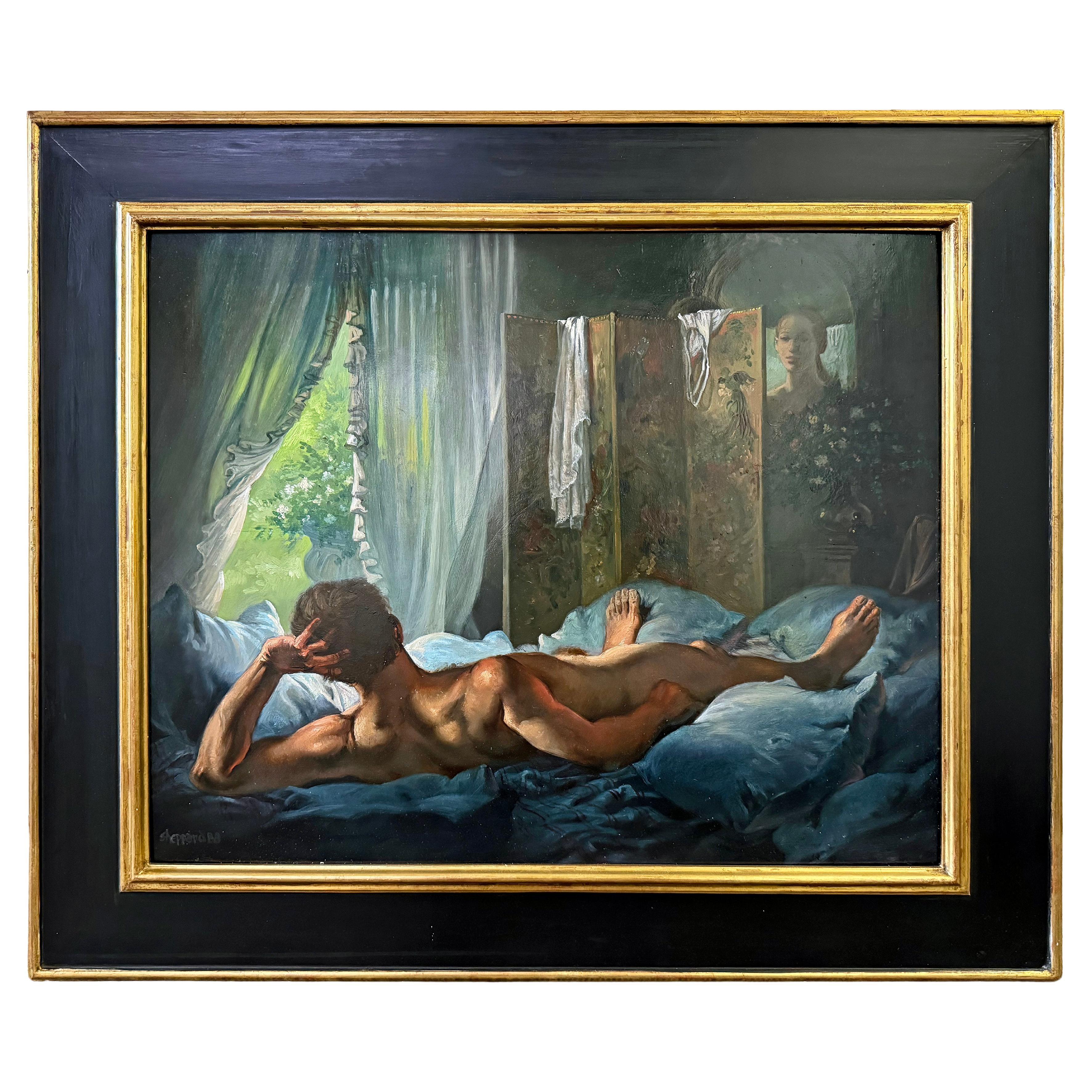 "Estate", scena domestica di Sheppard con nudo maschile reclinato