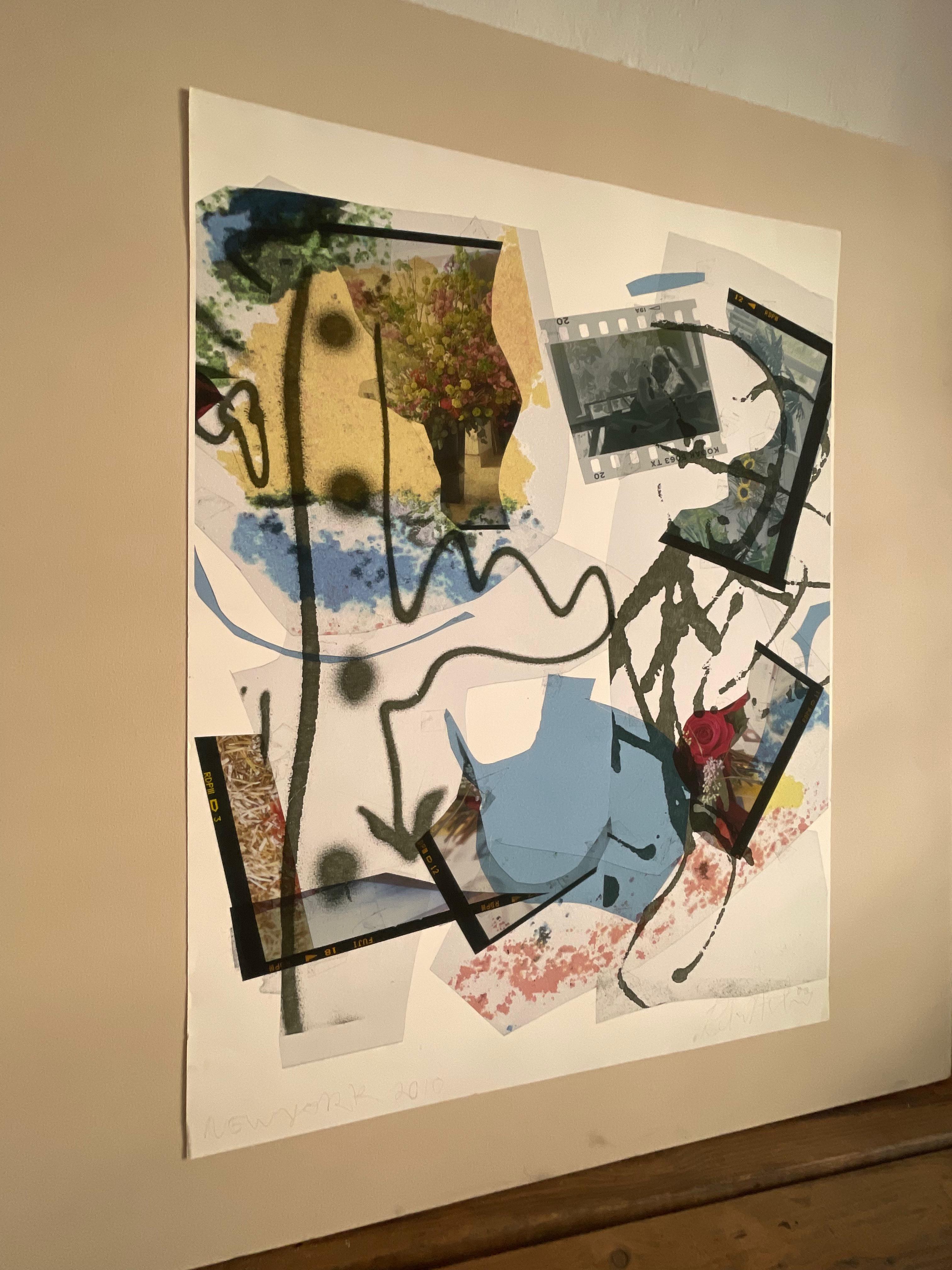 ”Summer Flowers”, abstract expressionist photo collage print by Swedish artist Peter Astrom. Signed Astrom at bottom right margin, and New York 2010 bottom left. Dimensions: H 48” x W 36 ‘.