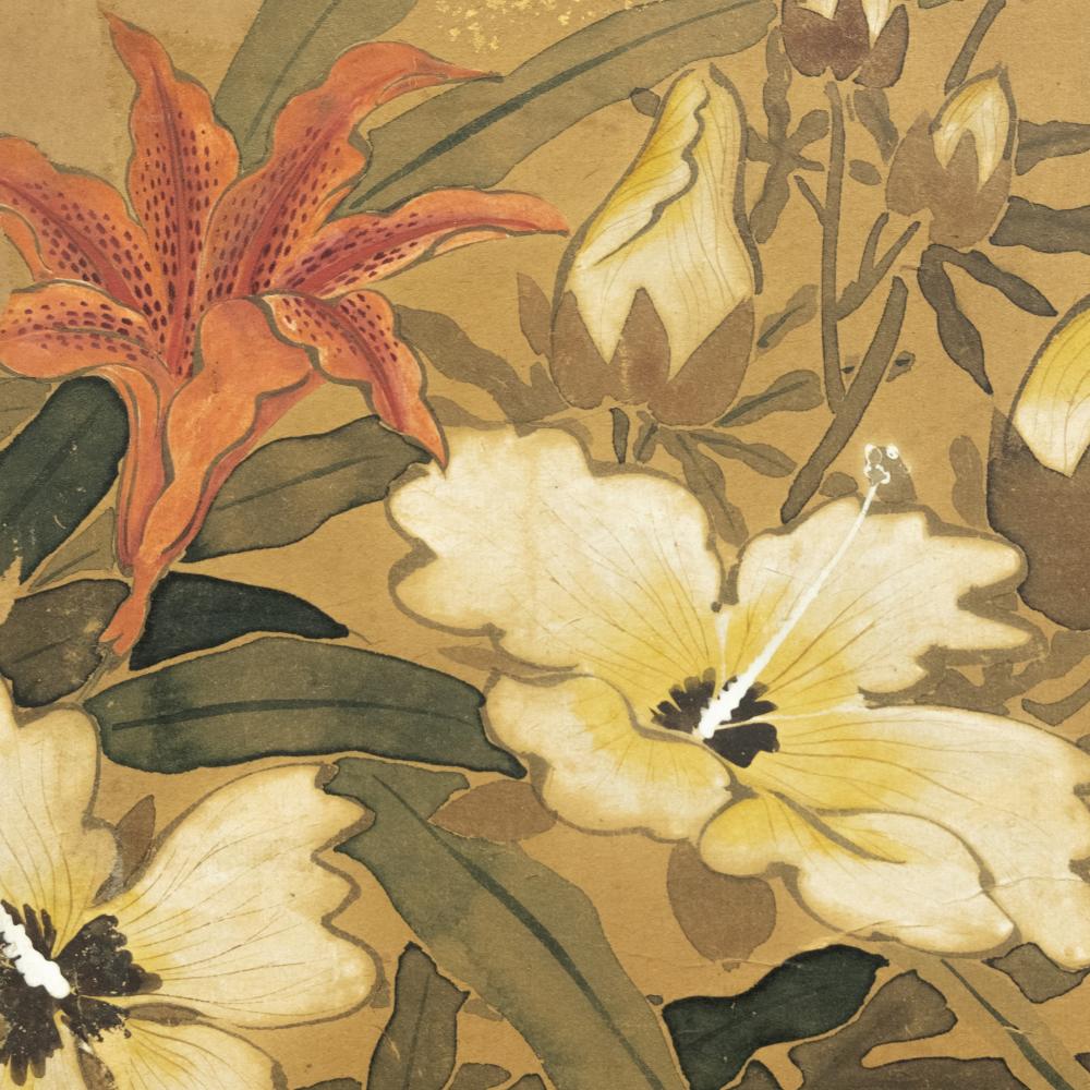 Edo Summer Flowers Eight-Panel Botanical Screen For Sale
