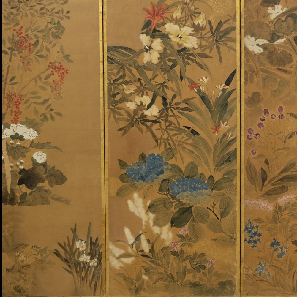 18th Century and Earlier Summer Flowers Eight-Panel Botanical Screen For Sale