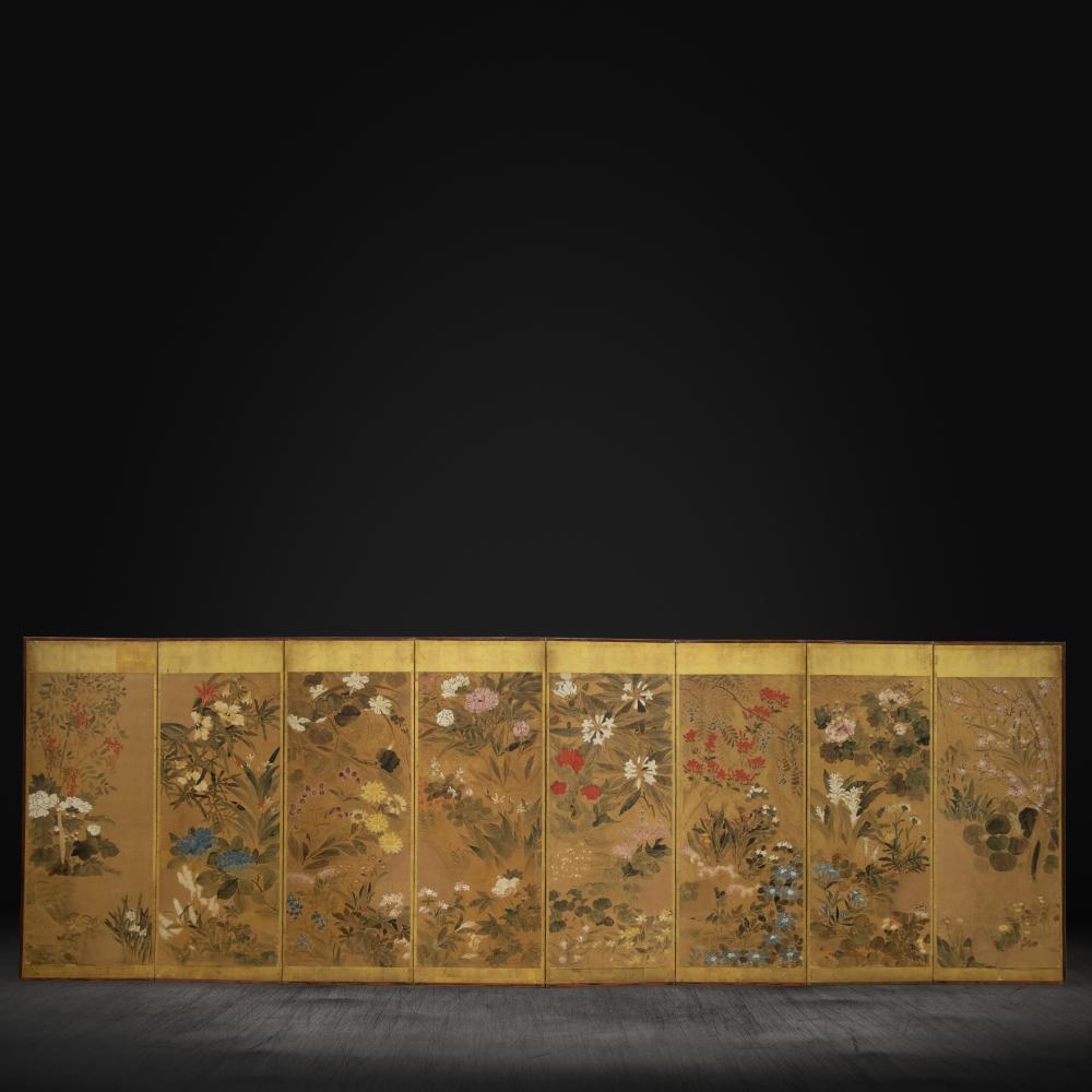 Gold Leaf Summer Flowers Eight-Panel Botanical Screen For Sale