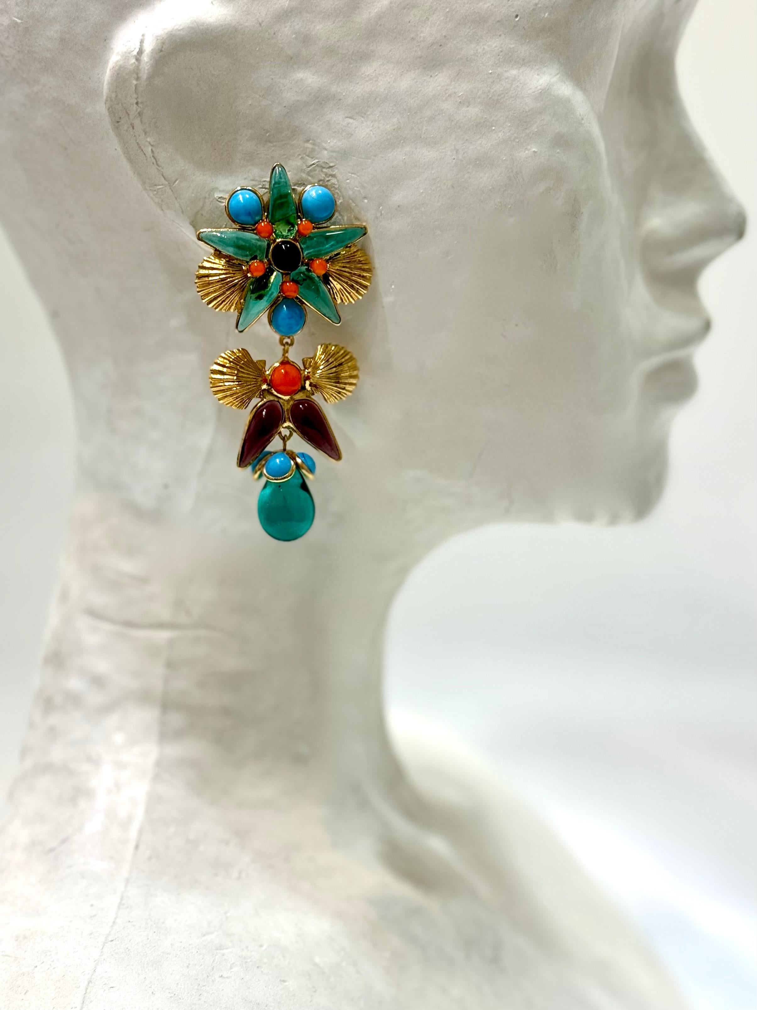 Summer In Greece Clip Earrings by Gripoix Paris In New Condition For Sale In Virginia Beach, VA