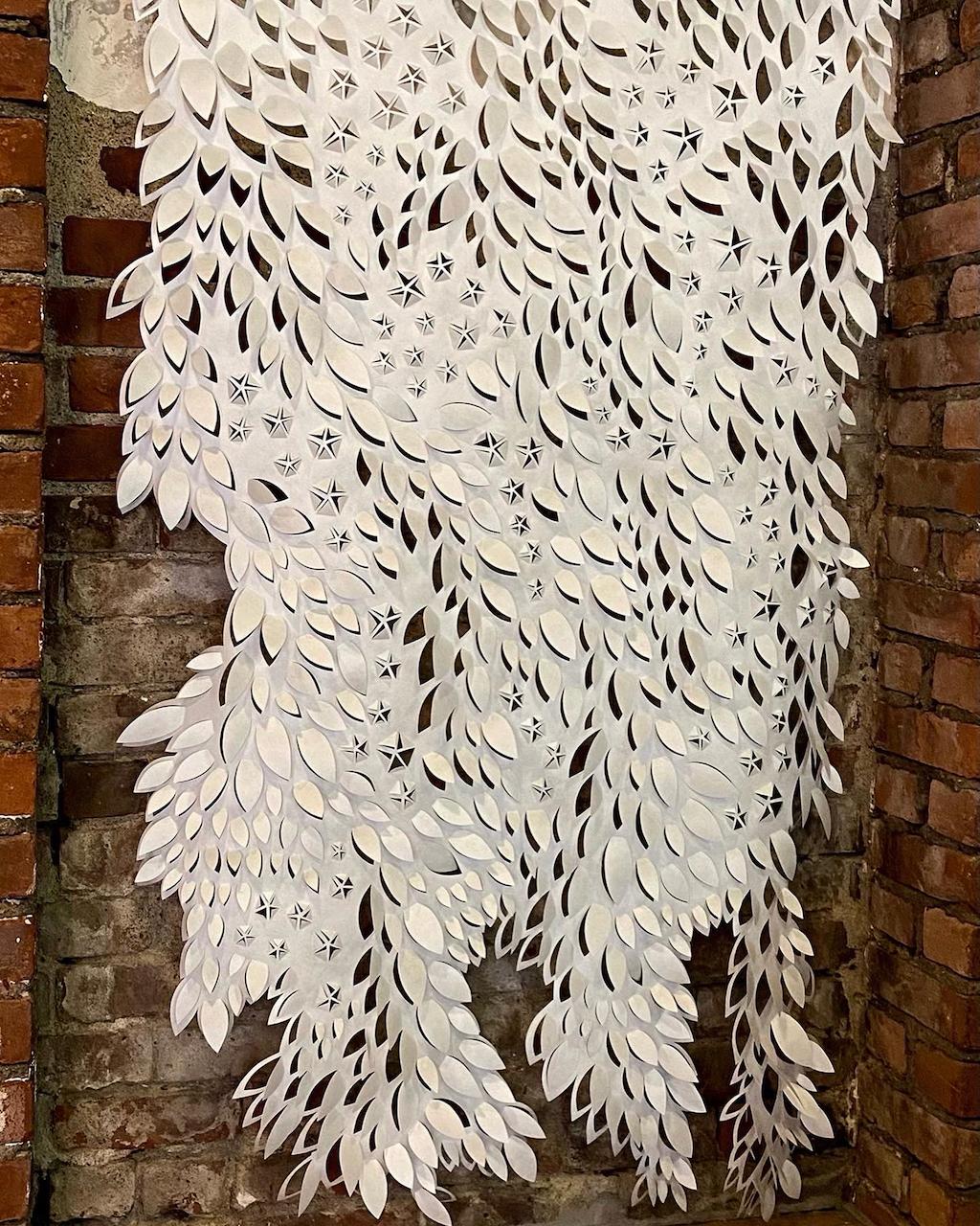 Hand-cut Paper Scroll Free Edge with Stars, Tyvek Sculptural Wall Hangings 60x36 - Sculpture by Summer J. Hart