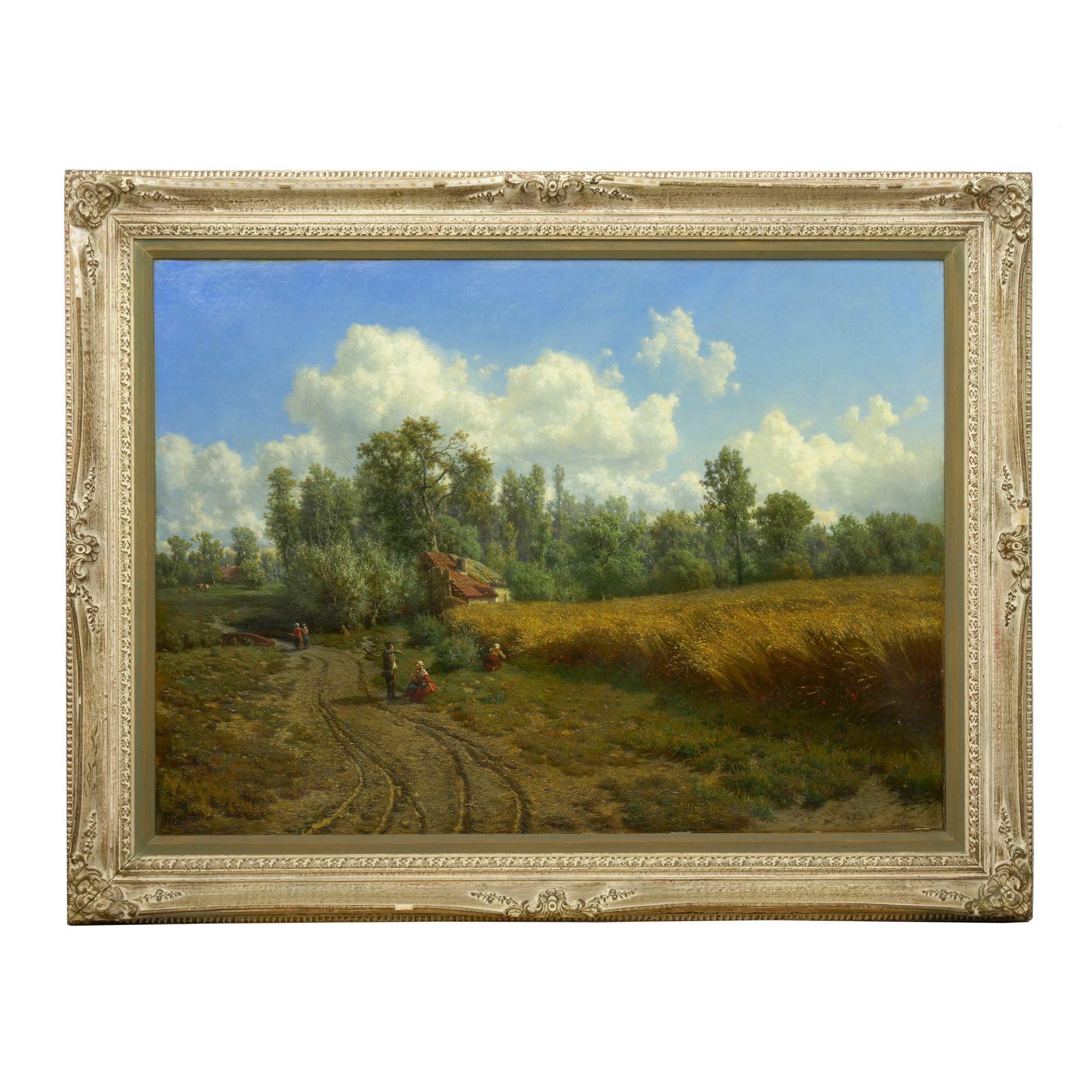 An incredibly powerful and exquisitely detailed work by Jean-Baptiste Kindermans, the landscape captures a moment of rural life in 19th century Belgium. 

A well worn dirt path with competing grooves of carriage tracks meanders past a field of