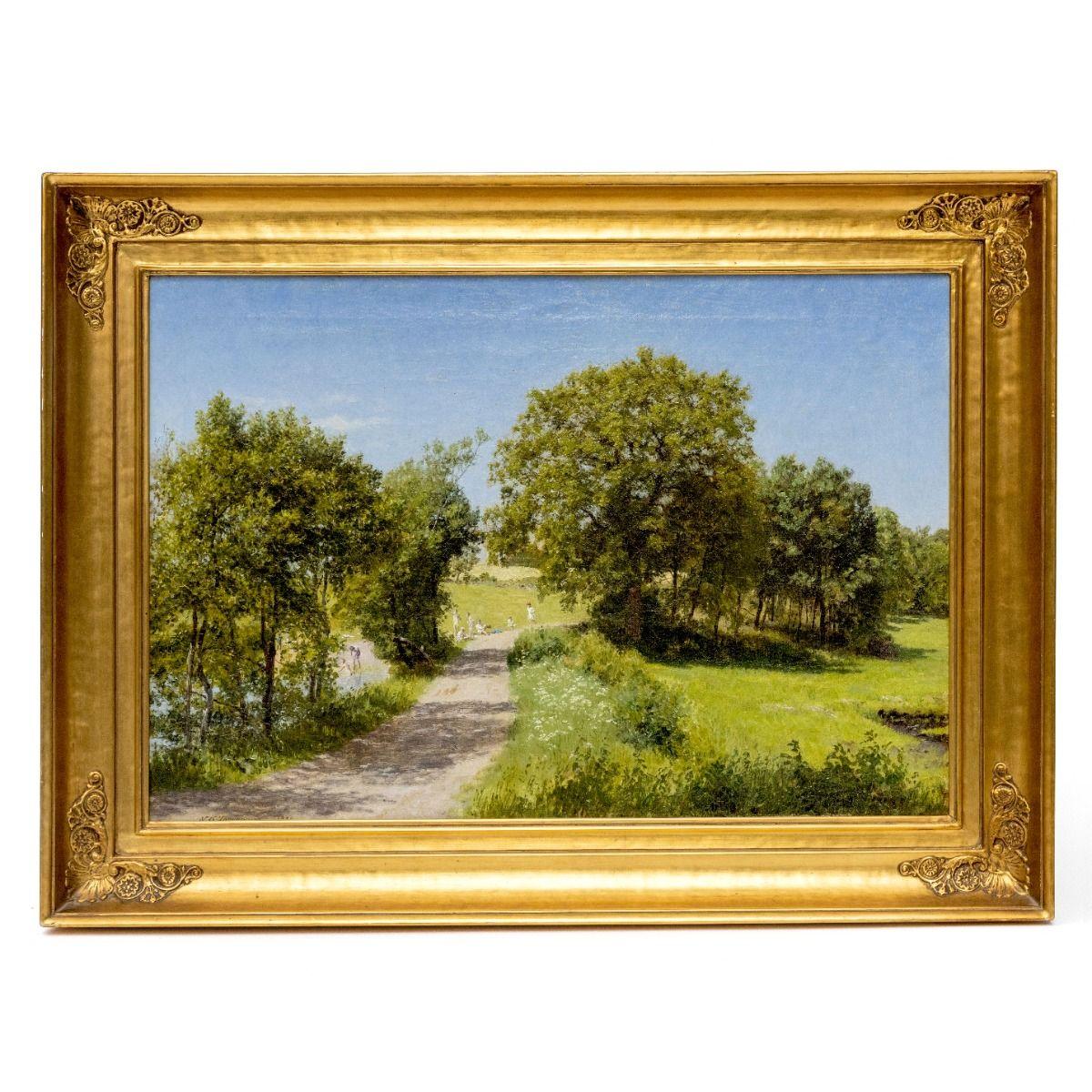 Niels Skovgaard, 1858-1938
Painting: 'Summer landscape with bathing and playing women'
Measures incl. frame : H  52,5 x W 72,3 x D 5 cm

Niels Kristian Skovgaard (2 November 1858 – 3 February 1938) was a Danish painter and sculptor.[1] His statue of