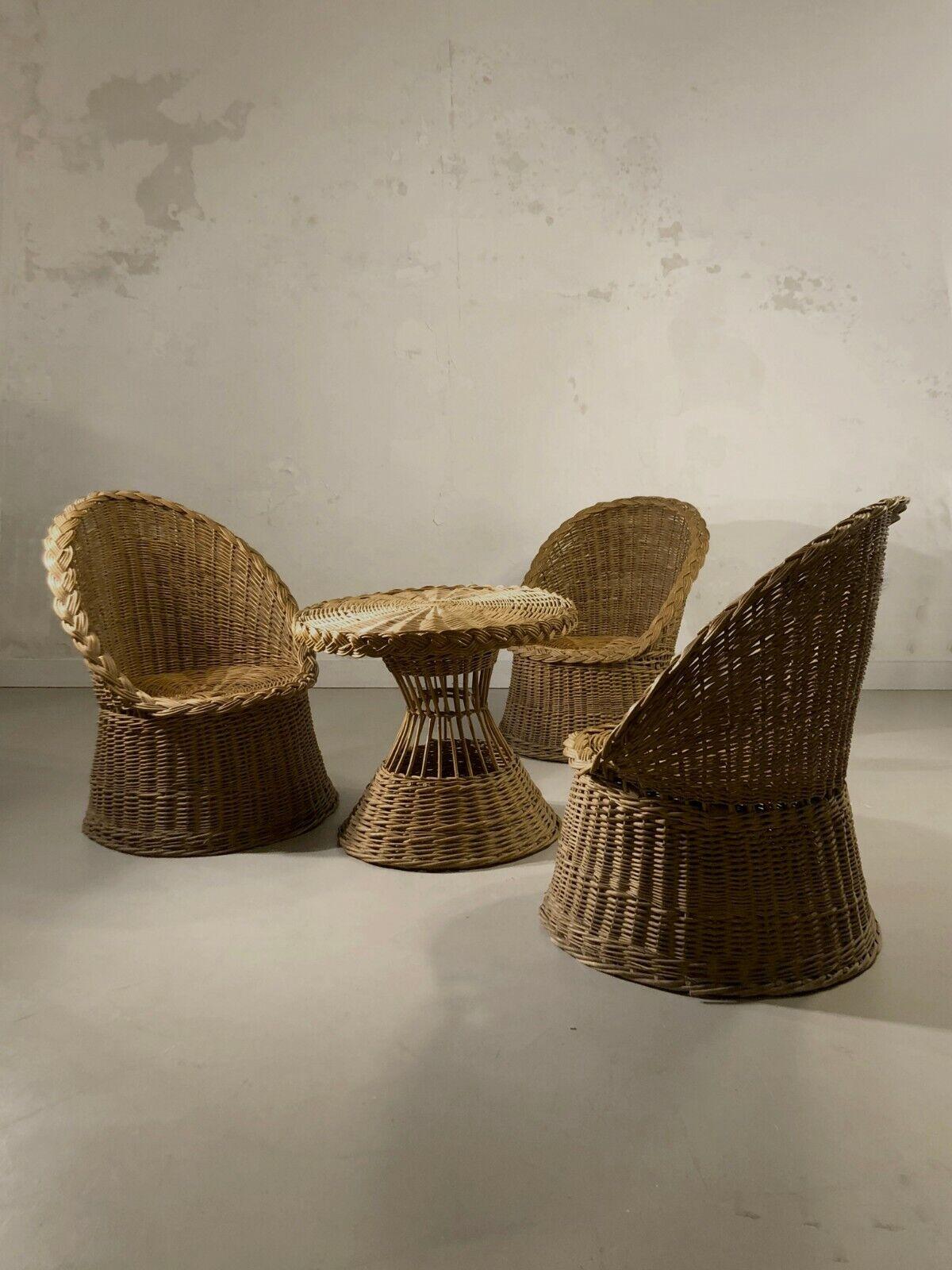 Woven A MID-CENTURY-MODERN Rattan Terrasse SUMMER SET, 3 SEATS & 1 TABLE, France 1950 For Sale