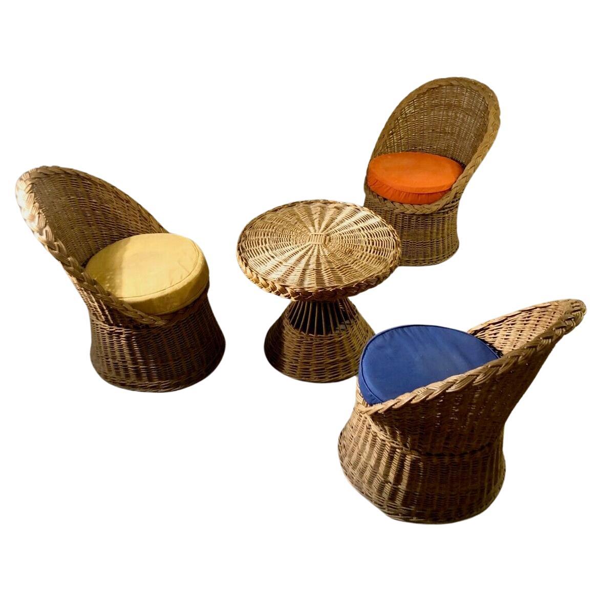 A MID-CENTURY-MODERN Rattan Terrasse SUMMER SET, 3 SEATS & 1 TABLE, France 1950 For Sale