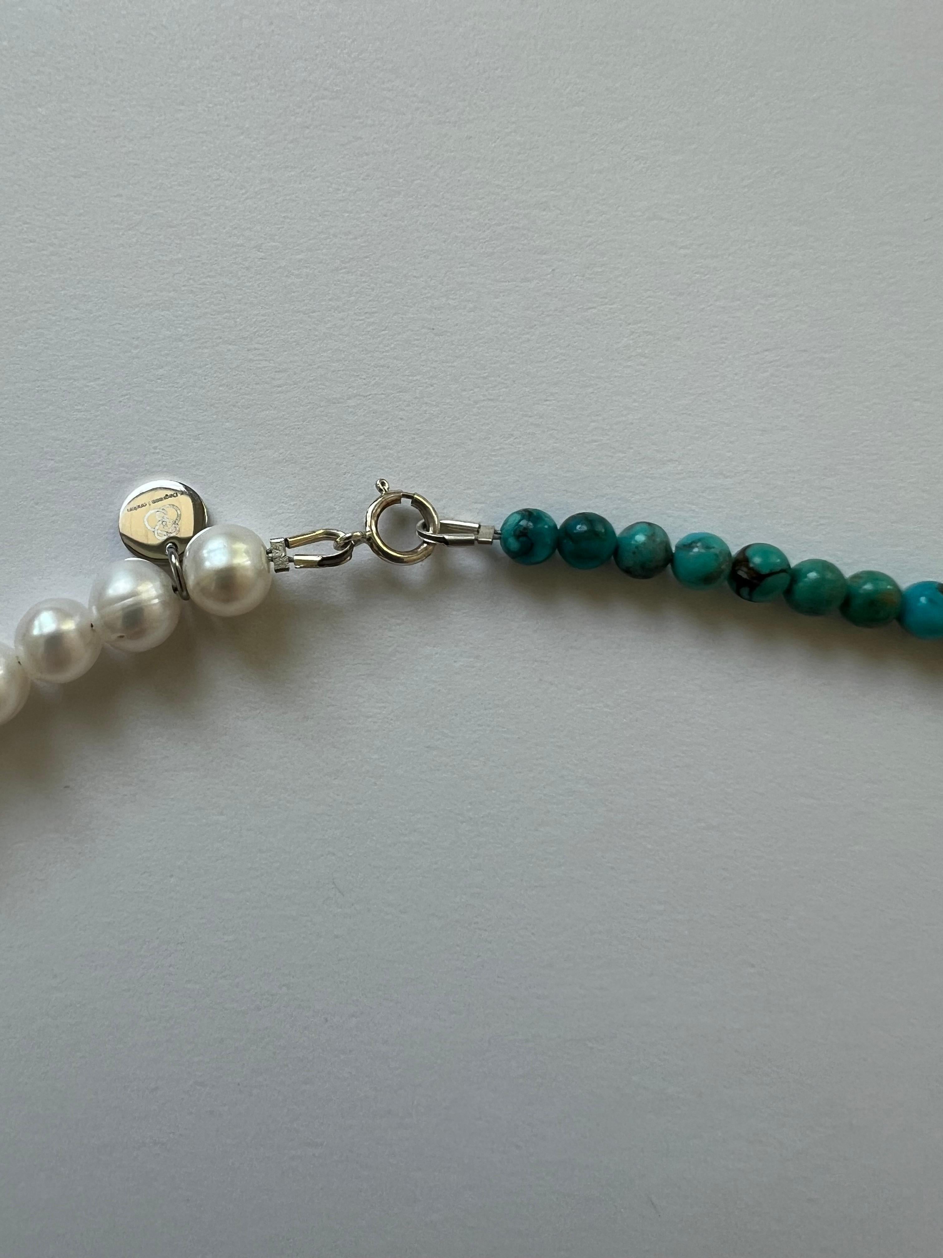 Bead Summer Necklace with white Freshwater pearls and turquoise beads For Sale