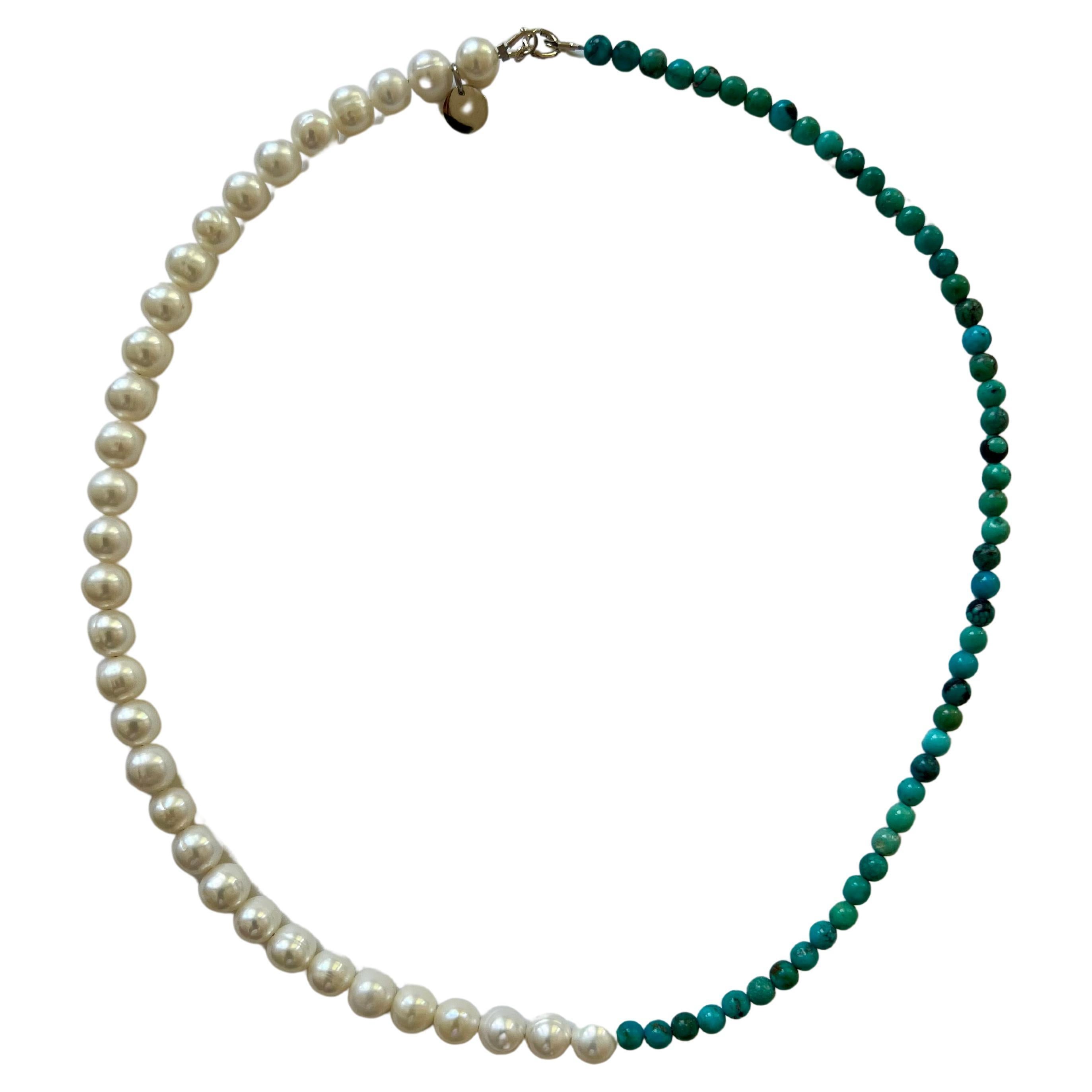 Summer Necklace with white Freshwater pearls and turquoise beads For Sale