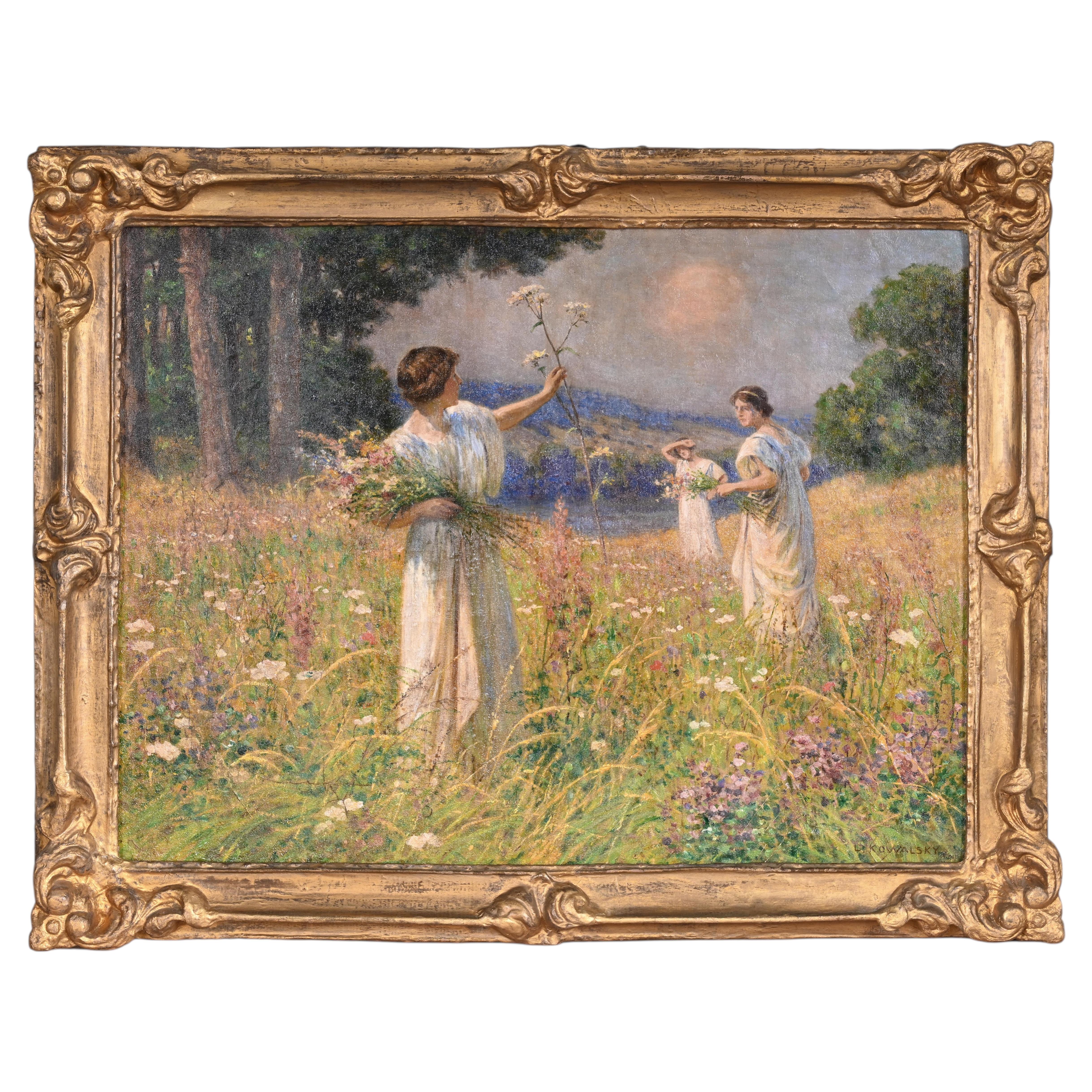 Summer Painting, Hand-Painted Oil on Canvas, Art Nouveau, France