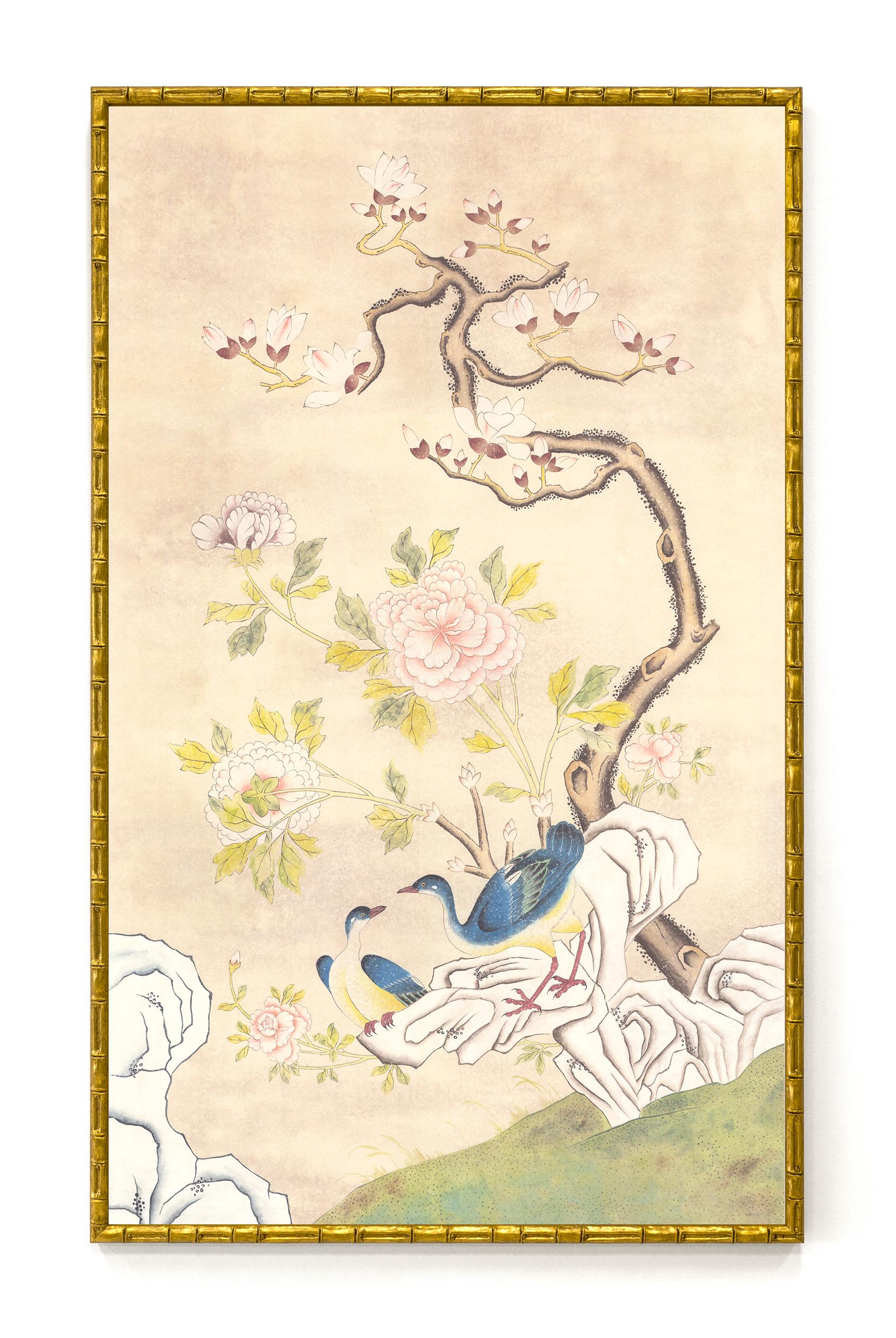 Summer Palace is a pair of hand painted pieces of artwork depicting exotic birds on stylized rock surround by trees. The artwork is hand painted using wash and opaques in a classic Chinoiserie style. These two art pieces have already been framed,